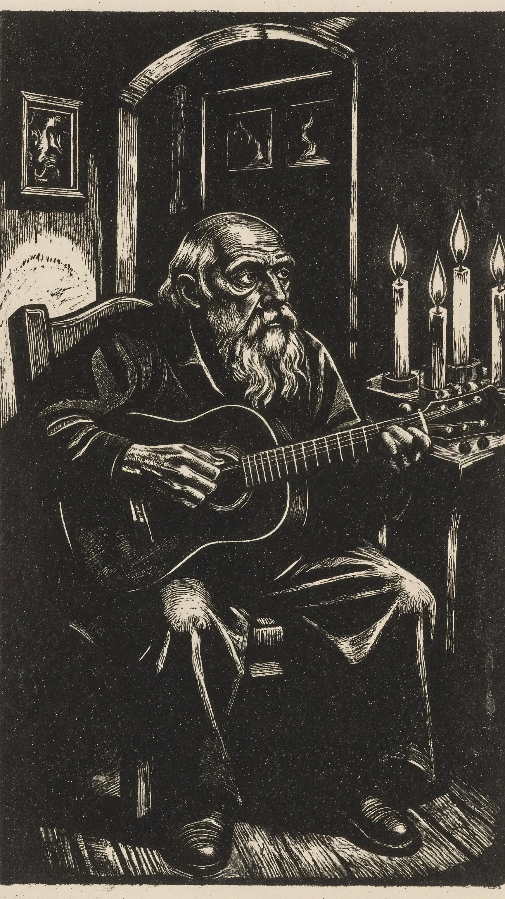 A ragged old man gazes into the distance; his eyes hold both sternness and sorrow,He has a long beard and a bald head,Sitting in a chair,play guitar,Candles and the dramatic glow of candlelight,in old house,Käthe Kollwitz style,stark edgy line, high-contrast woodcut depiction,The overall color scheme is limited to stark black and white, amplifying the graphic nature of the print. The style evokes an emotional mood, The texture mimics the grainy appearance of a woodcut print, giving the scene a tactile feeling. Art movement references include German Expressionism and woodcut art, capturing a sense of drama and contrast.Depressive Black ,kako1 woodcut print