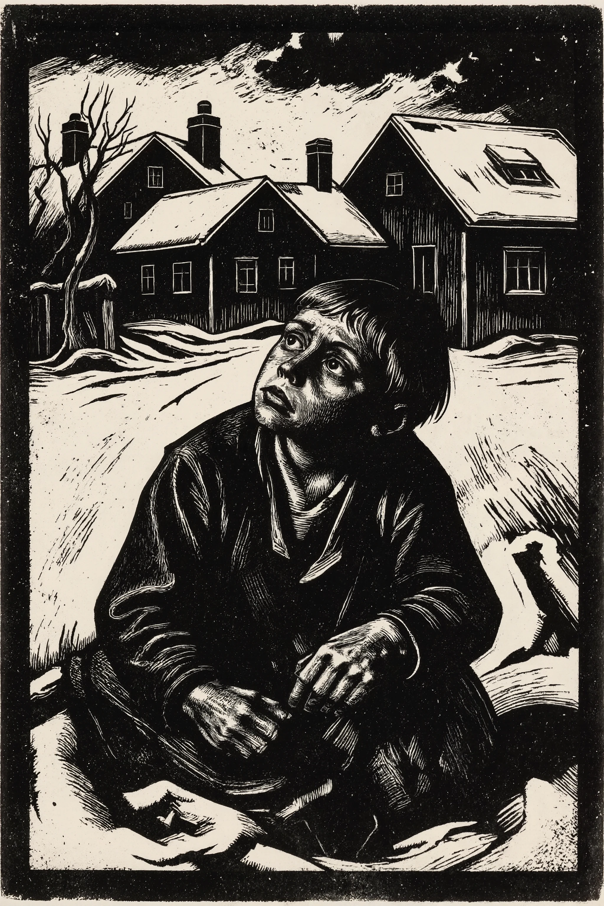 In a bleak snowy village,A ragged boy gazes into the distance; his eyes hold both sternness and sorrow,Käthe Kollwitz style,stark edgy line, high-contrast woodcut depiction,The overall color scheme is limited to stark black and white, amplifying the graphic nature of the print. The style evokes an emotional mood, The texture mimics the grainy appearance of a woodcut print, giving the scene a tactile feeling. Art movement references include German Expressionism and woodcut art, capturing a sense of drama and contrast.Depressive Black ,kako1 woodcut print