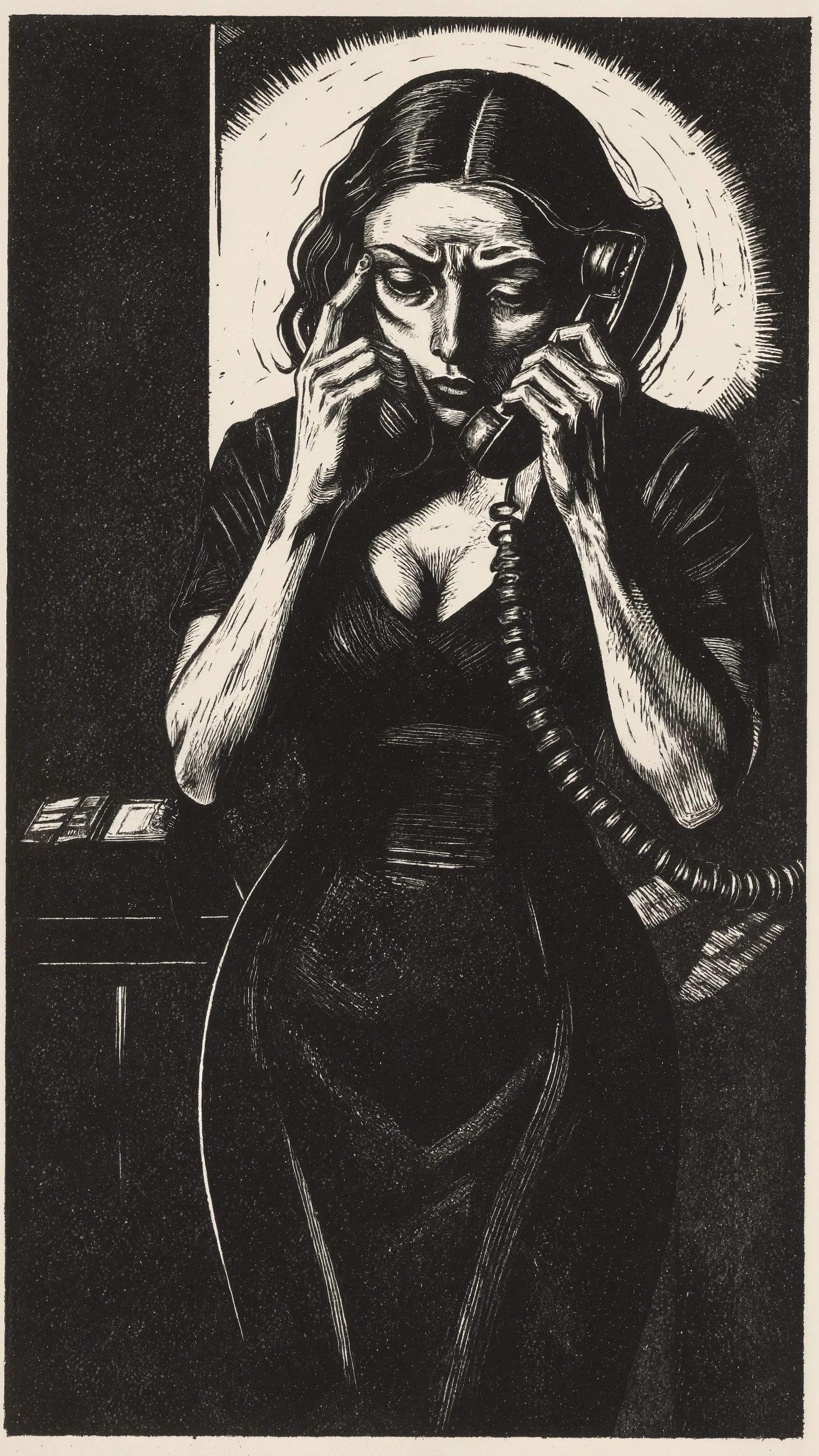 abstracted silhouetted woman figure,solo,hourglass body figure,She's wearing a tight dress.Speaking into the receiver of a black telephone, she touches her face with her left hand, overcome with sorrow.,Käthe Kollwitz style,stark edgy line, high-contrast woodcut depiction,The overall color scheme is limited to stark black and white, amplifying the graphic nature of the print. The style evokes an emotional mood, The texture mimics the grainy appearance of a woodcut print, giving the scene a tactile feeling. Art movement references include German Expressionism and woodcut art, capturing a sense of drama and contrast.Depressive Black ,kako1 woodcut print