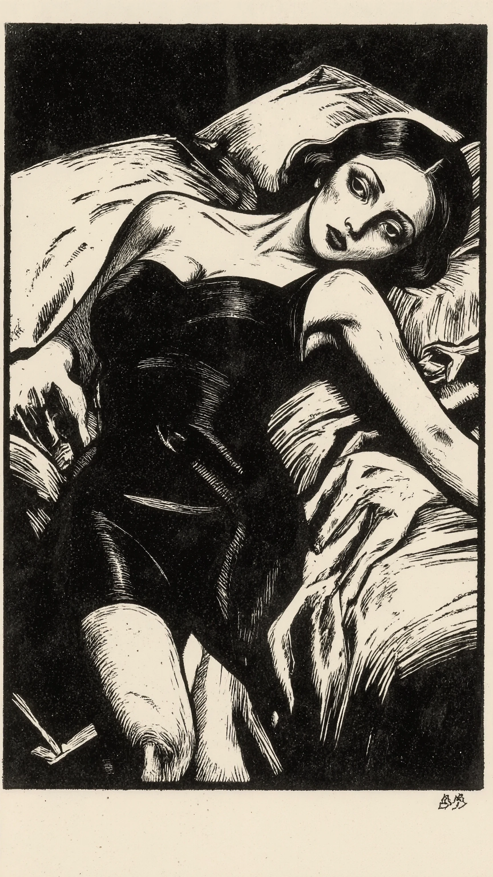 abstracted silhouetted beautiful girl figure,solo,hourglass body figure,50's stylish girl,She's wearing a tight dress.striking a seductive, sexy pose,lying bed,dynamic angle,Käthe Kollwitz style,stark edgy line, high-contrast woodcut depiction,The overall color scheme is limited to stark black and white, amplifying the graphic nature of the print. The style evokes an emotional mood, The texture mimics the grainy appearance of a woodcut print, giving the scene a tactile feeling. Art movement references include German Expressionism and woodcut art, capturing a sense of drama and contrast.Depressive Black ,kako1 woodcut print,make up