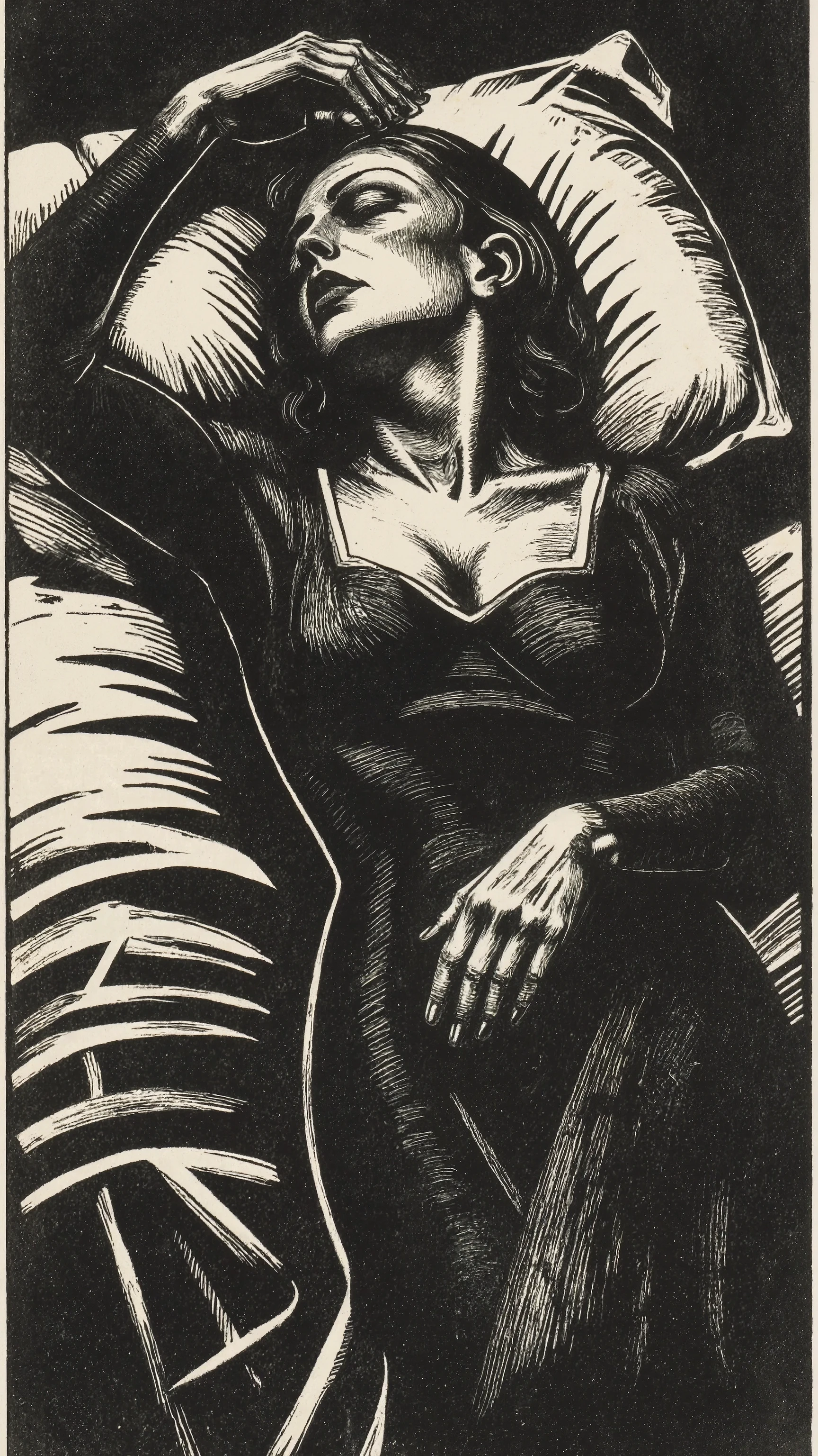 abstracted silhouetted beautiful girl figure,solo,hourglass body figure,50's stylish girl,She's wearing a tight dress.striking a seductive,sexy pose,sleeping,lying bed,arm up,dynamic pose,dynamic angle,Käthe Kollwitz style,stark edgy line, high-contrast woodcut depiction,The overall color scheme is limited to stark black and white, amplifying the graphic nature of the print. The style evokes an emotional mood, The texture mimics the grainy appearance of a woodcut print, giving the scene a tactile feeling. Art movement references include German Expressionism and woodcut art, capturing a sense of drama and contrast.Depressive Black ,kako1 woodcut print,make up