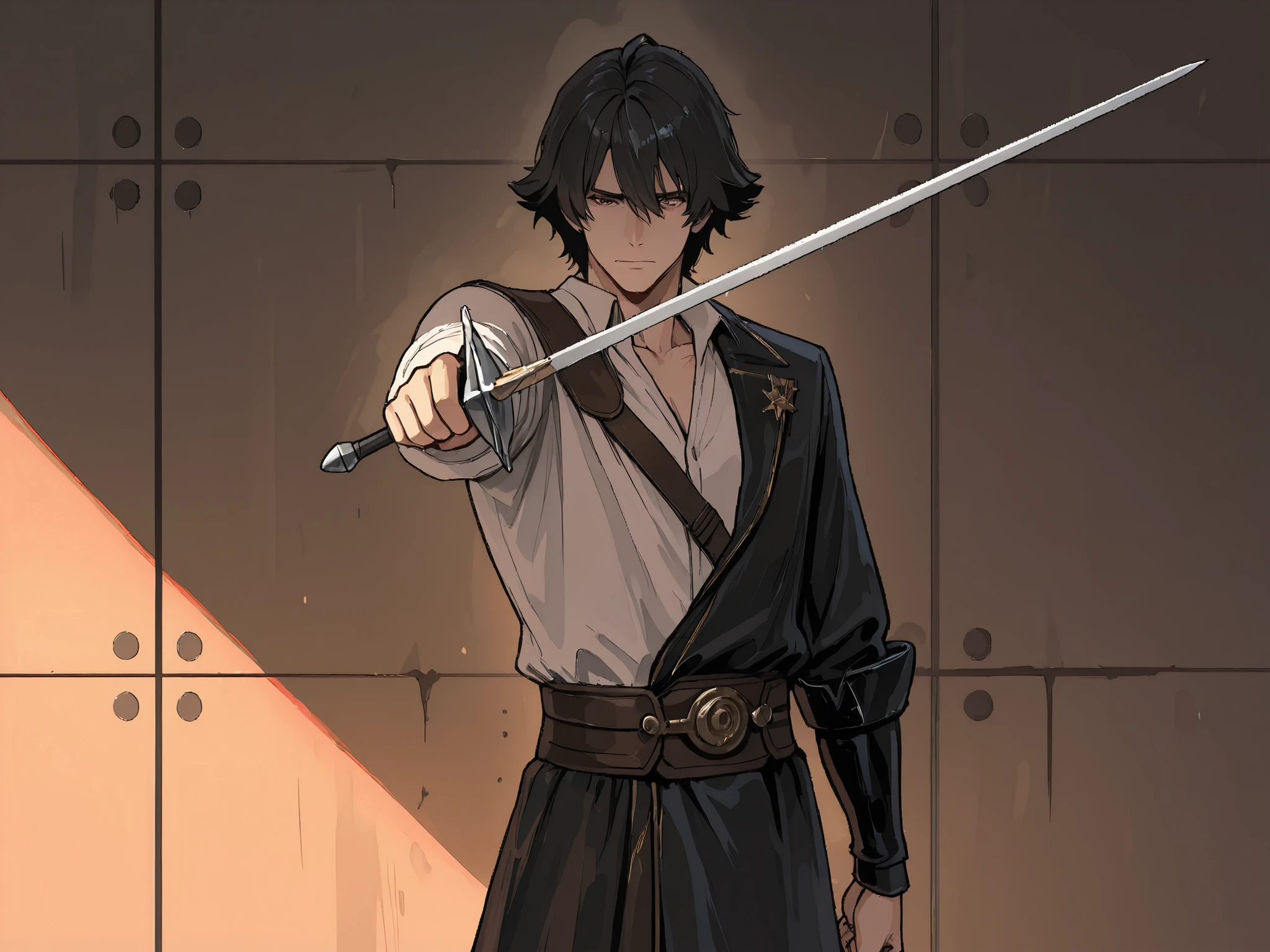 (Masterpiece, best quality, detailed anime illustration), cinematic, atmospheric, profound authority. Achille Marozzo, the Professor of the Blade. A man in his 40s or 50s with a sharp, intelligent face, a strong jawline, and a proud, confident gaze. His dark hair is neatly trimmed. He wears refined 16th-century Italian noble attire — a dark doublet and white shirt. He stands in a perfect, textbook "prima porta" stance, holding a rapier with absolute precision, the blade perfectly still and pointing diagonally forward. The air around his blade seems sharp and clear, slicing the light with geometric precision. The background is an empty, dark Bolognese sala d'arme, with a single shaft of light illuminating him and the training weapons on the wall. The vibe is overwhelming, disciplined authority and the undeniable aura of a master who has codified the art of victory. No motion, only perfect form.
--ar 2:3 --niji 6