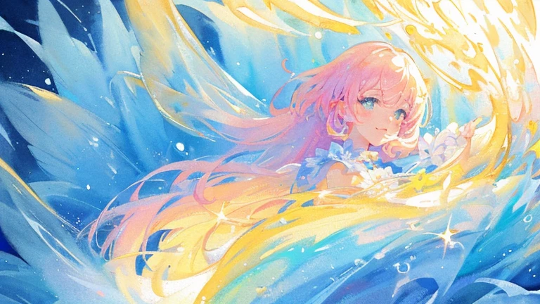 beautiful anime girl in colorful ballgown, vibrant pastel colors, (colorful), magical lights, sparkling liquid light, inspired by Glen Keane, inspired by Lois van Baarle, disney art style, by Lois van Baarle, glowing aura around her, by Glen Keane, jen bartel, glowing lights! digital painting, flowing glowing hair, glowing flowing hair, beautiful digital illustration, fantasia background, whimsical, magical, fantasy, beautiful face, ((masterpiece, best quality)), intricate details, highly detailed, sharp focus, 8k resolution, sparkling detailed eyes, liquid watercolor