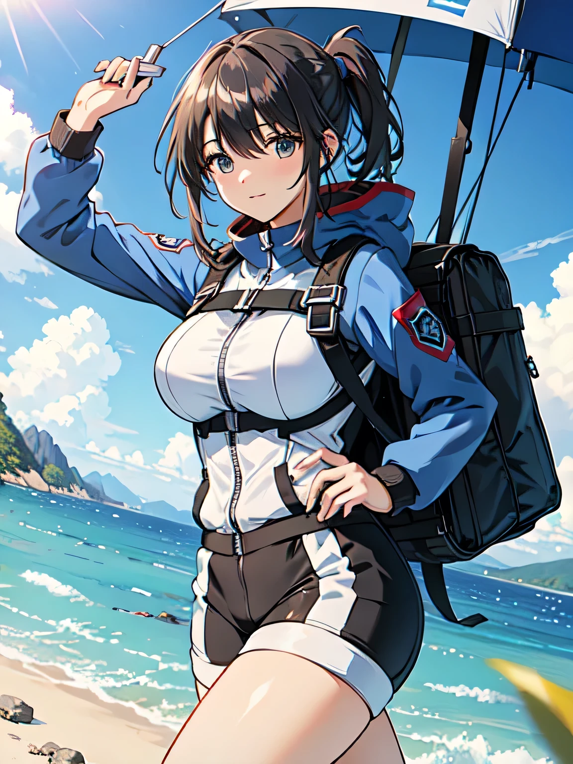 parachutesky, busty girl, sky diving, gym uniform, harness, colorful parachute, (Highly Detailed CG Unity 8K Wallpaper) (Better Quality) (Better lighting)