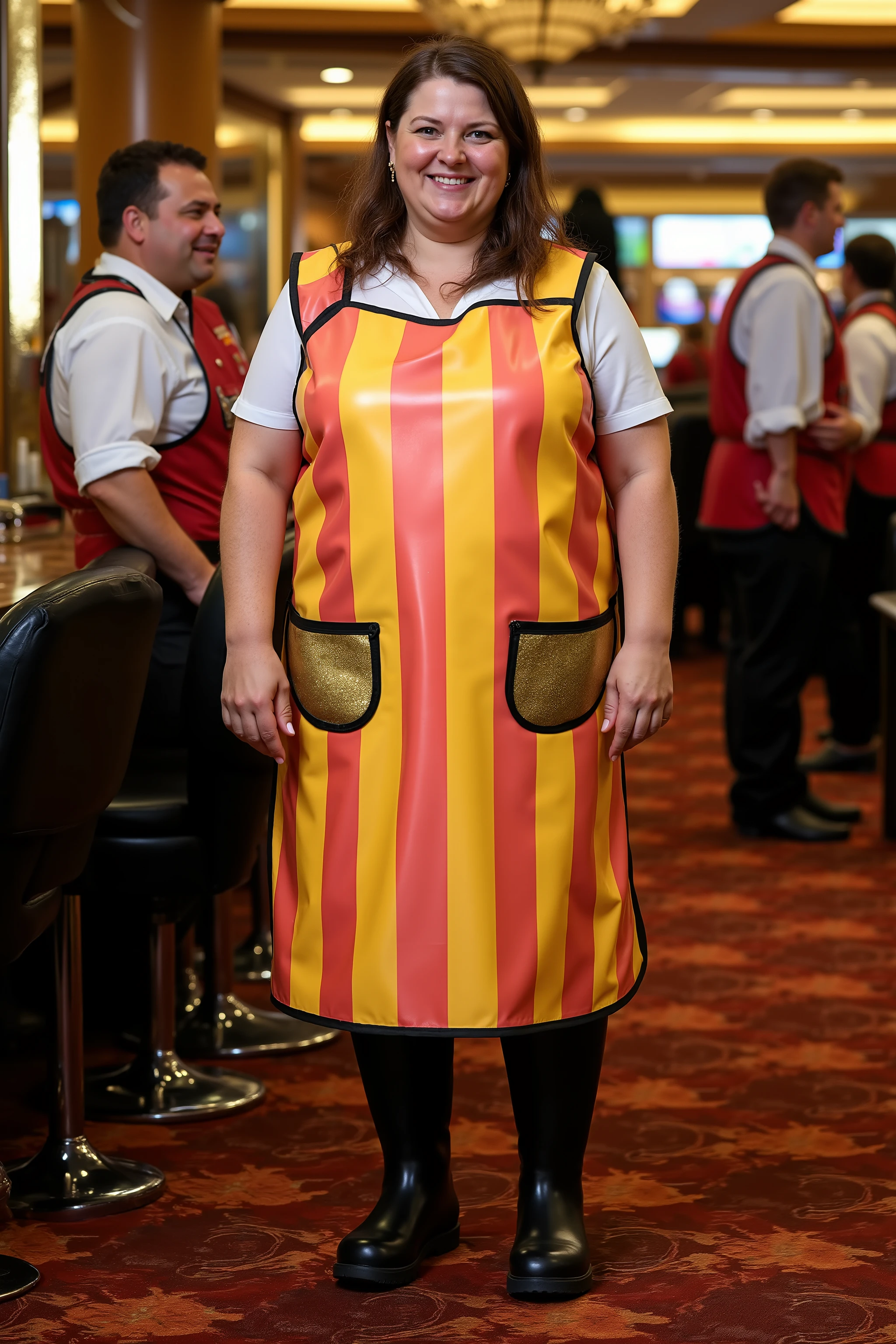 a 58 year old 250 pound woman wearing a striped yellow and pink lead apron with gold pockets, wearing heavy black rubber boots, inside of a casino, near the cashiers cage, gilded bars near the cashier staff wearing white shirts and red vests,
