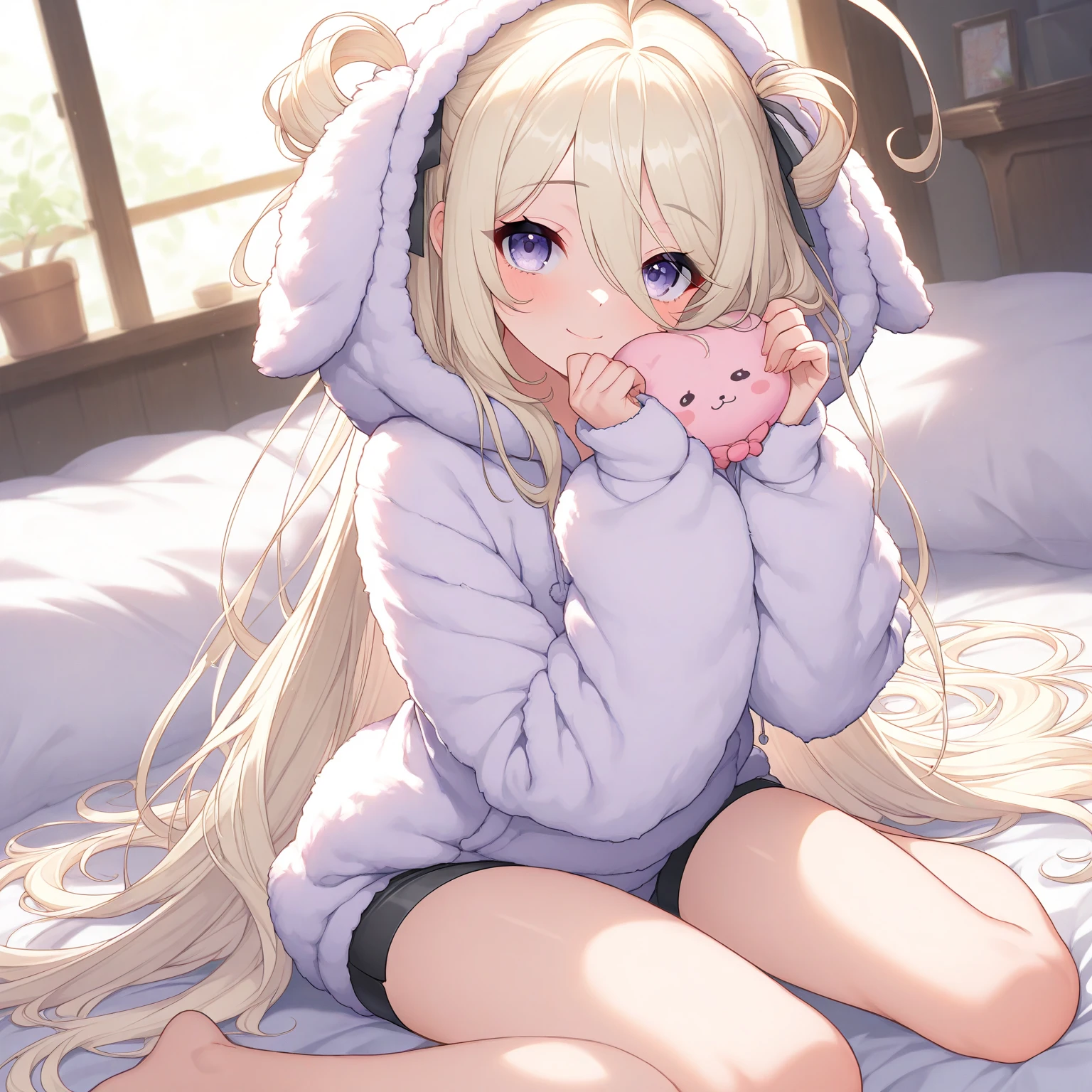masterpiece, best quality, high quality, highly detailed, 4k, cinematic, highres, long hair, blonde hair, twintails, purple eyes, Kanna,  pajama outfit, kanna's black hair ribbons, smiling, happy, 1girl, solo, 