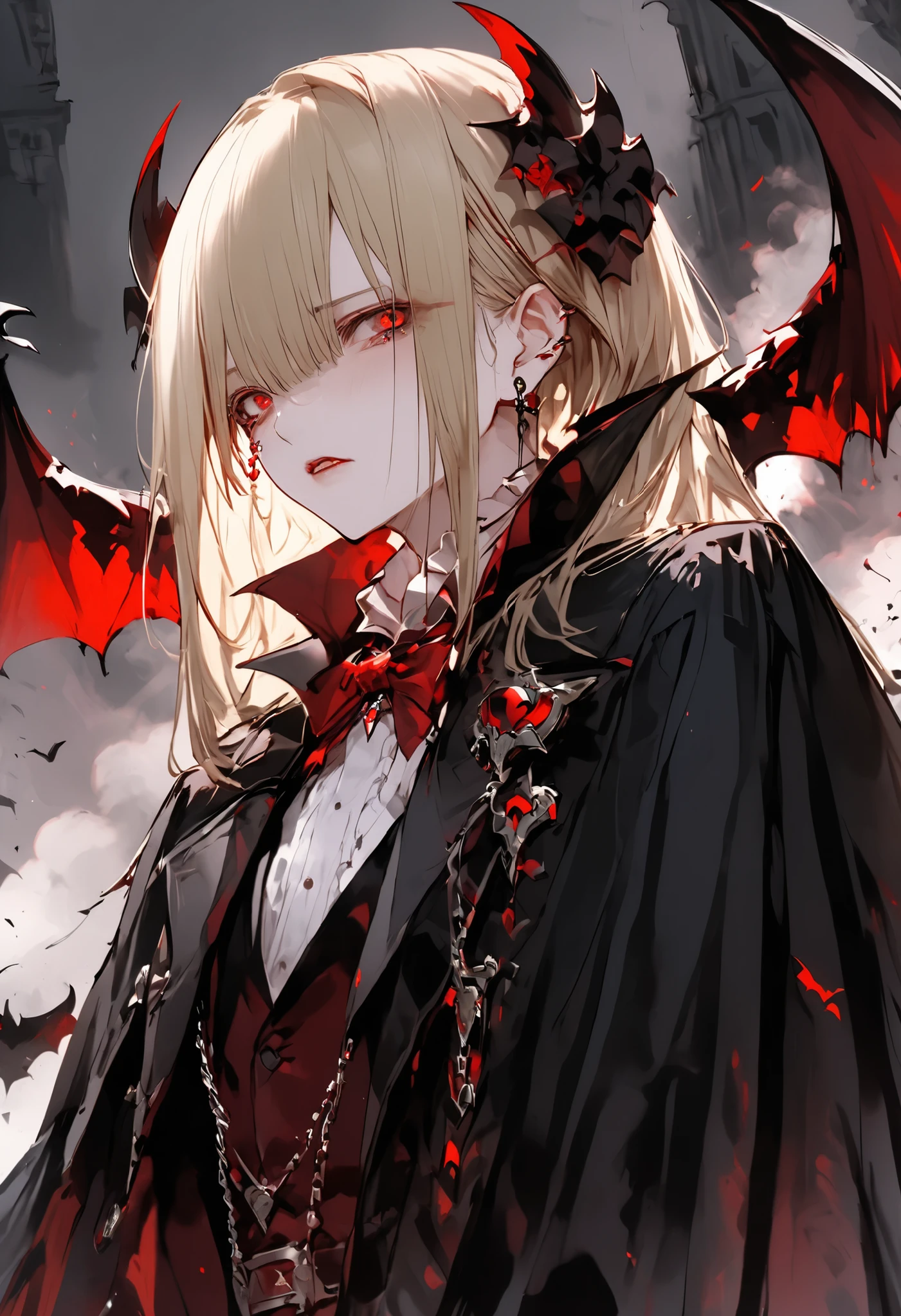 a timid elite vampire 、Ancestor Dracula、has the ability to destroy the world、but use abilities carefully、tears、cowboy shot、
He has top class abilities but is timid