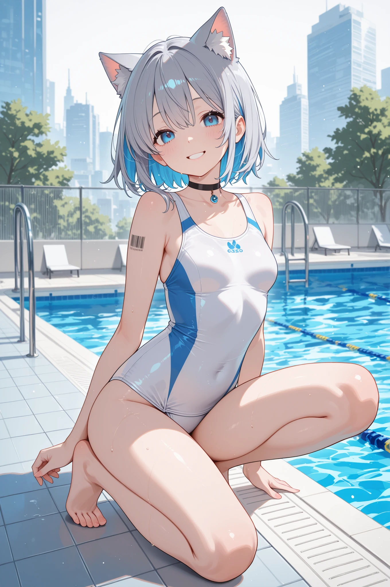 score_9, score_8_up, score_7_up, source_anime, 1girl, short hair, white one-piece swimsuit, competition swimsuit, pool, see-through