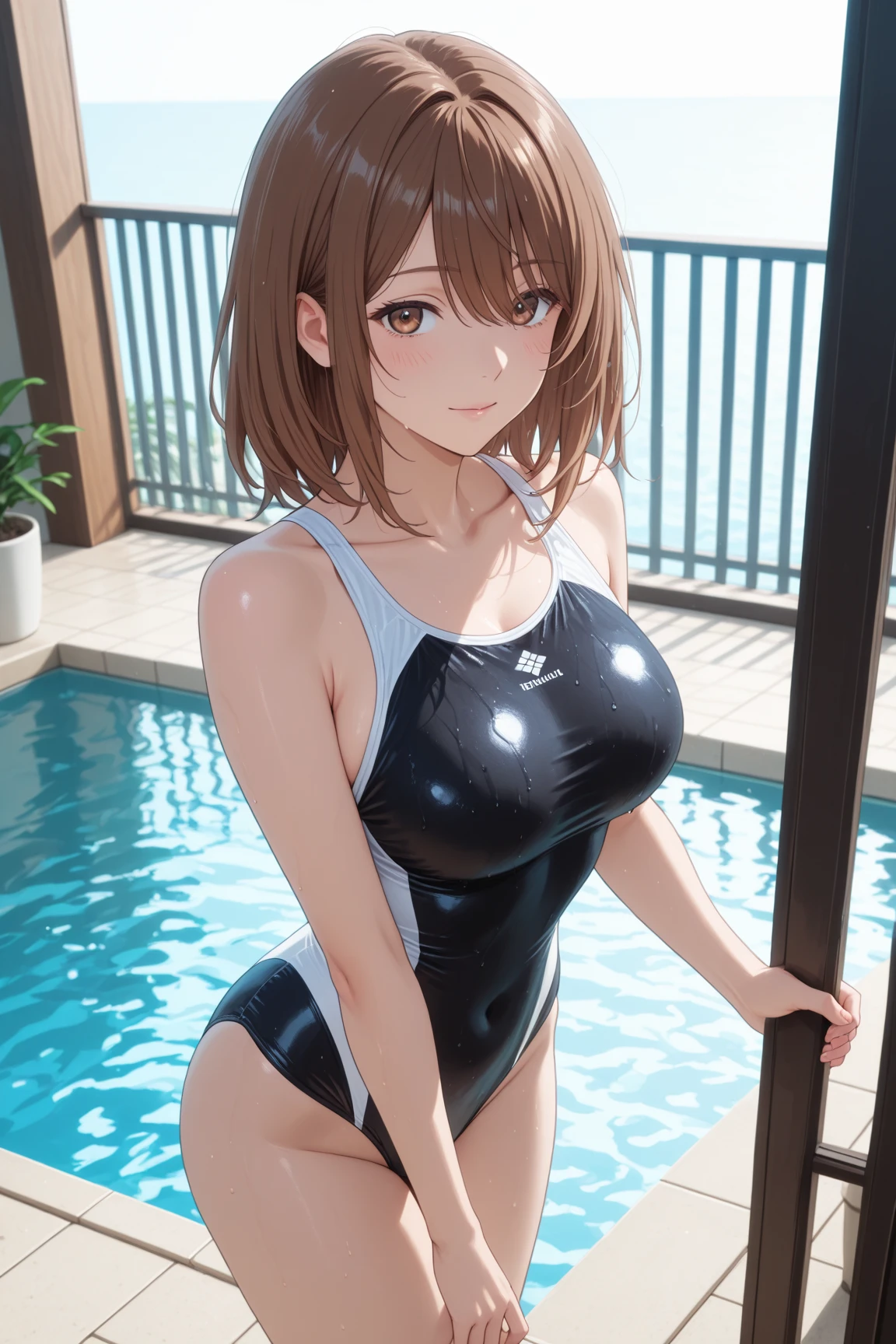 masterpiece, best quality, 1girl, (whole body), Miku, (brown hair), shy, blushing, (long eyelashes), (beautiful makeup), (swimsuit), (skimpy swimsuit), (powerful ????????), (????????), (tight swimsuit), (soaked body), (stained swimsuit), (public pool), (indoor pool), (dirty swimming pool), (dirty clothes)