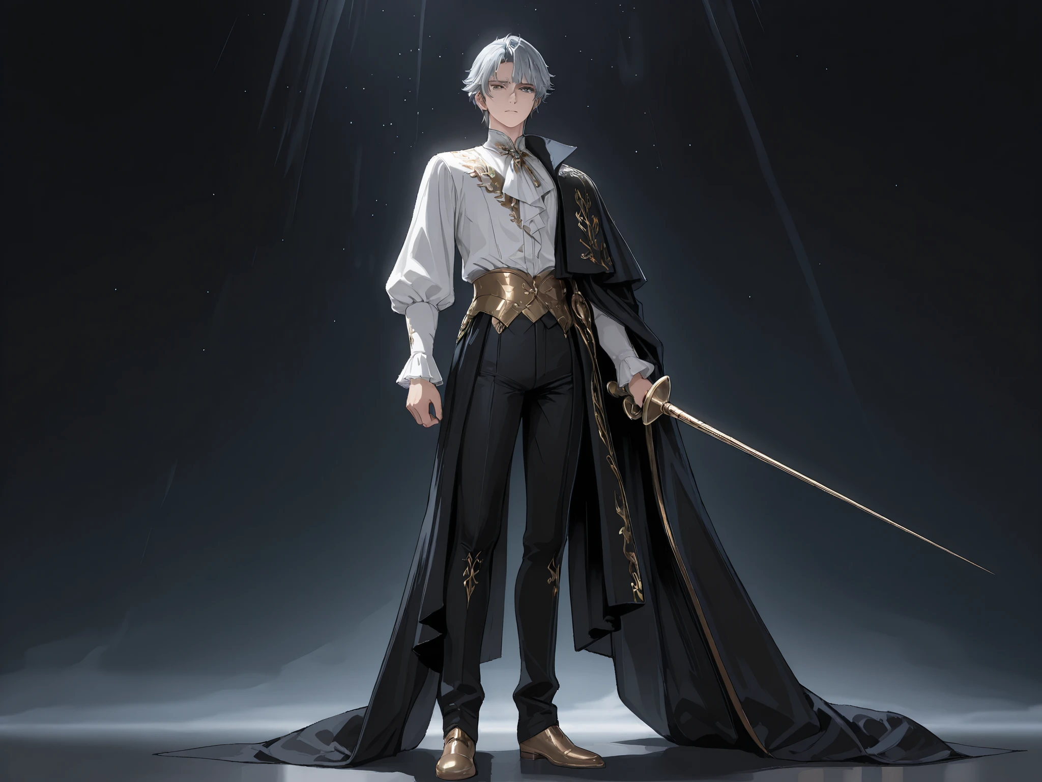 (Masterpiece, best quality, detailed anime illustration), full body shot, cinematic, atmospheric, profound intensity. A stern Italian Renaissance fencing master in his late 50s, with sharp features, a confident gaze, and silver-blond hair. He wears an elegant black velvet doublet with subtle gold embroidery over a white shirt and dark trousers. He stands in a state of lethal readiness in an empty, dark space, holding a single rapier in a precise "terza" guard, his body coiled like a spring, ready to strike. Dramatic lighting highlights his full figure and the blade of the rapier. The atmosphere is silent and tense, moments before a duel.