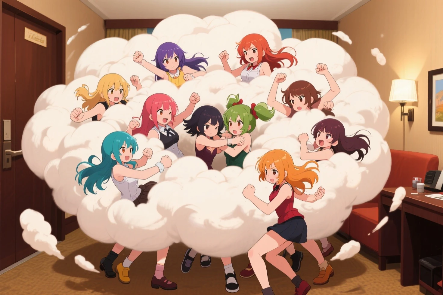 ((ExtremelyDetailed (12 PUNIPUNI KAWAII Girls in a row:1.37) in WHITE at Dusk Enoshima Beach)), (masterpiece 8K TopQuality) (ProfessionalPhoto:1.37), {(Standing Full Body:1.2)|(from below:1.2)}, Different types of hair colors, {School Uniform [with ]|(school swimwear)Ass visible through thighs}, {Detailed BabyLike hand|Hidden hand|armpit peek|DAKINAKURA}, Joyful Expressions LifeLike Rendering, PerfectLighting, [RainbowColorHorizon]