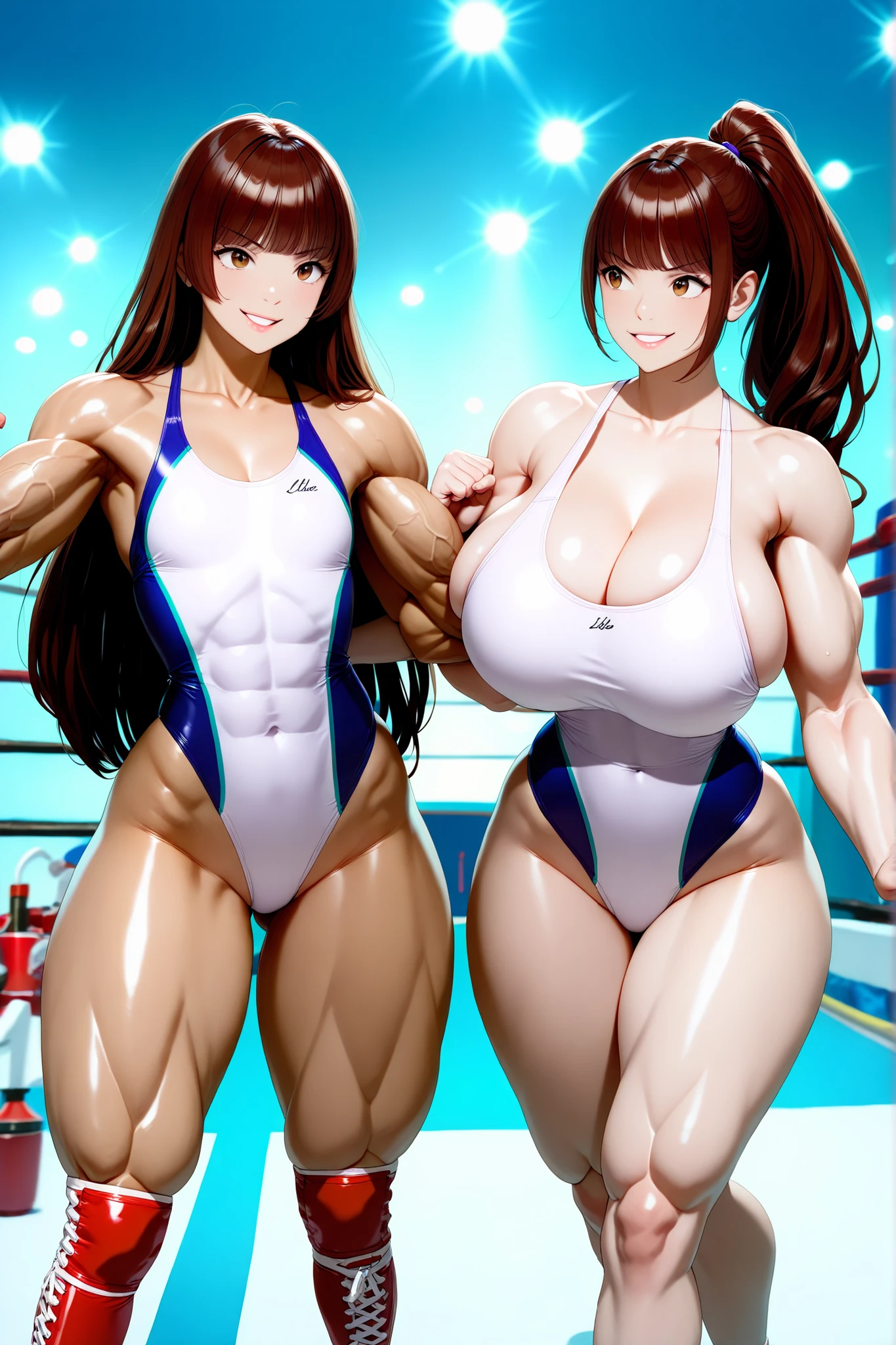 score_9, score_8_up , score_7_up , just describe what you want, tag1, tag2,official art, official style,anime capture, anime coloring, anime screenshot, game cg,illustration, (necömi style:1.5),(masterpiece:1.5),(most detailed:1.5), (high resolution:1.5), (best quality:1.5),(perfect anatomy:1.5), (4K:1.3),(2 girls:1.3), (Lala is flat chest on the left:1.5),(Lily is curvy on the right:1.5), (Lala is the Biscuit Oliva Style:1.5), ,(mizuno competition swimsuit:1.5), both have brown hair:1.5, brown eyes,beautiful girl:1.3,(Lala is flat chest:1.5 and flat chest and flat chest and big body and cylindrical body and muscular and brawny and beefy and toned body and abs and Wide shoulders and wide chest and wide arms and wide torso and wide legs : 1.5),
(Lily is a huge breasts and boob and cleavage and glamorous and voluptuous and ponytail with natural bangs: 1.5) ,( Professional wrestling, spotlights, runway : 1.5 ),smile:1.3,( Random posing, dynamic posing :1.5),( grappling, fighting poses :1.5)