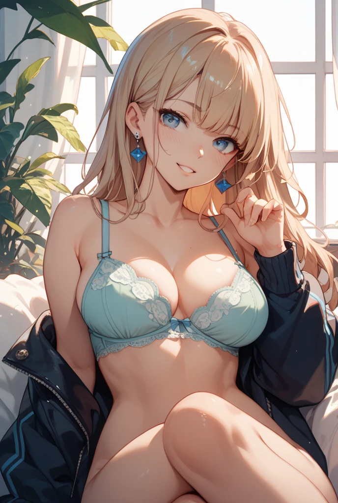 ((masterpiece、Highest quality、Very detailed))、One Girl、Improve、blonde、Long Hair、Wavy Hair、Grey Eyes、Wicked Smile、((Grin))、Pink Lips、((there are a lot of earrings))、Large Breasts、((Blue Bra))、((Blue panties))、bracelet、Kneel、On the bed、Bedroom Background