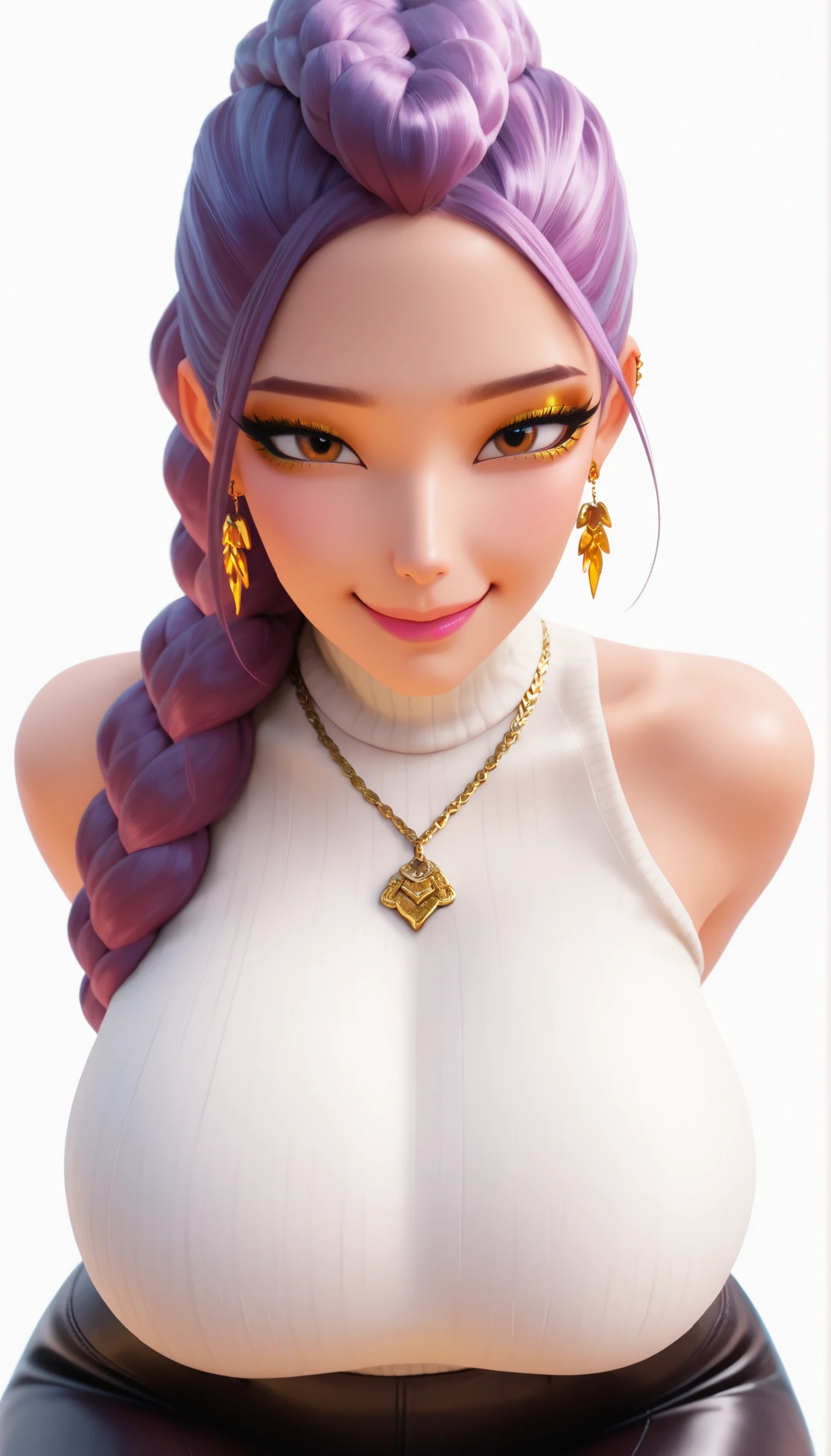1girl, solo, (8k, ultra-high quality, detailed, high quality), beautiful girl, long black rice, Rumi (k-pop, demon hunters) Rum1KP0P, long hair, vibrant purple hair, braided hair, brown eyes, big anime eyes, golden eyeshadow, tall, 3d, arms behind back, dynamic pose, turtleneck sweater top, textured white top, bare shoulders, golden necklace, elegant earrings, makeup, cute, glossy pink lips, eye shine, manicure, big breasts, huge breasts, wide sexy hips, perfect face, Smile, cute, blushed, looking at viewer, cozy warm, simple background, white background, sitting, BREAK Rating_questionable, From above, high-angle view
