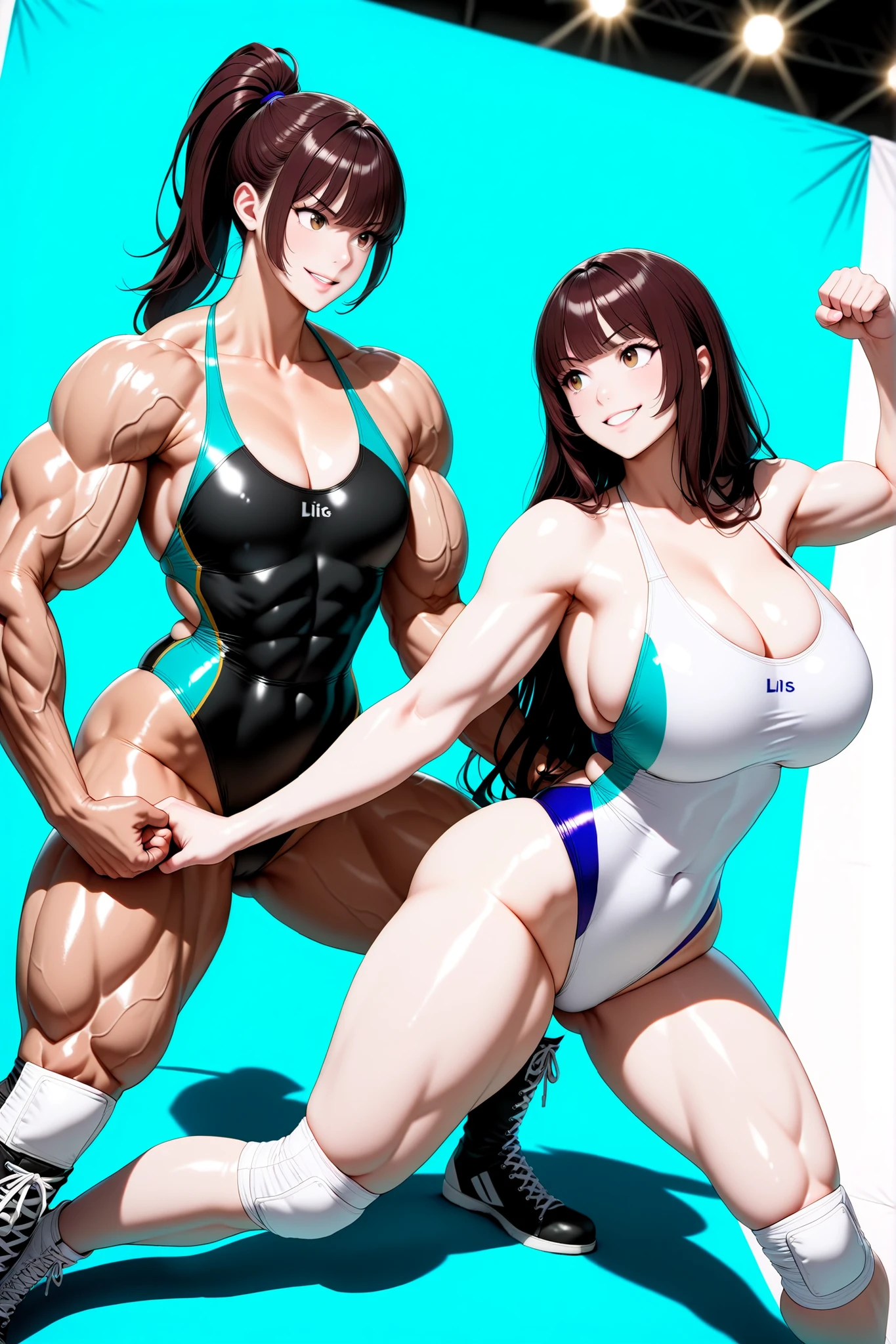 score_9, score_8_up , score_7_up , just describe what you want, tag1, tag2,official art, official style,anime capture, anime coloring, anime screenshot, game cg,illustration, (necömi style:1.5),(masterpiece:1.5),(most detailed:1.5), (high resolution:1.5), (best quality:1.5),(perfect anatomy:1.5), (4K:1.3),(2 girls:1.3), (Lala is flat chest on the left:1.5),(Lily is curvy on the right:1.5), (Lala is the Biscuit Oliva Style:1.5), ,(mizuno competition swimsuit:1.5), both have brown hair:1.5, brown eyes,beautiful girl:1.3,(Lala is flat chest:1.5 and flat chest and flat chest and big body and cylindrical body and muscular and brawny and beefy and toned body and abs and Wide shoulders and wide chest and wide arms and wide torso and wide legs : 1.5),
(Lily is a huge breasts and boob and cleavage and glamorous and voluptuous and ponytail with natural bangs: 1.5) ,( Professional wrestling, spotlights, runway : 1.5 ),smile:1.3,( Random posing, dynamic posing :1.5),( Professional wrestling, grappling, fighting poses :1.5),(face to face),(hug:1.8),(from below:1.8)