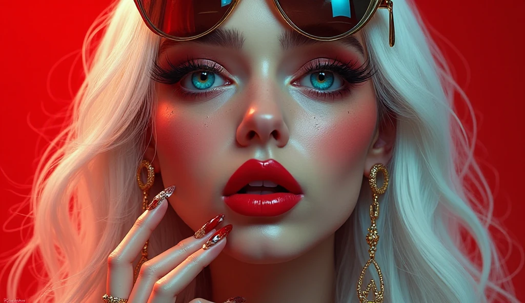 Beautiful pirate girl, photoreaistic, white skin, short blonde hair, no bangs, blue eyes, magenta lipstick, black eyeliner, ((large breasts)), fit. Wearing neon holographic bodysuit. U-boat background. High angle view. 