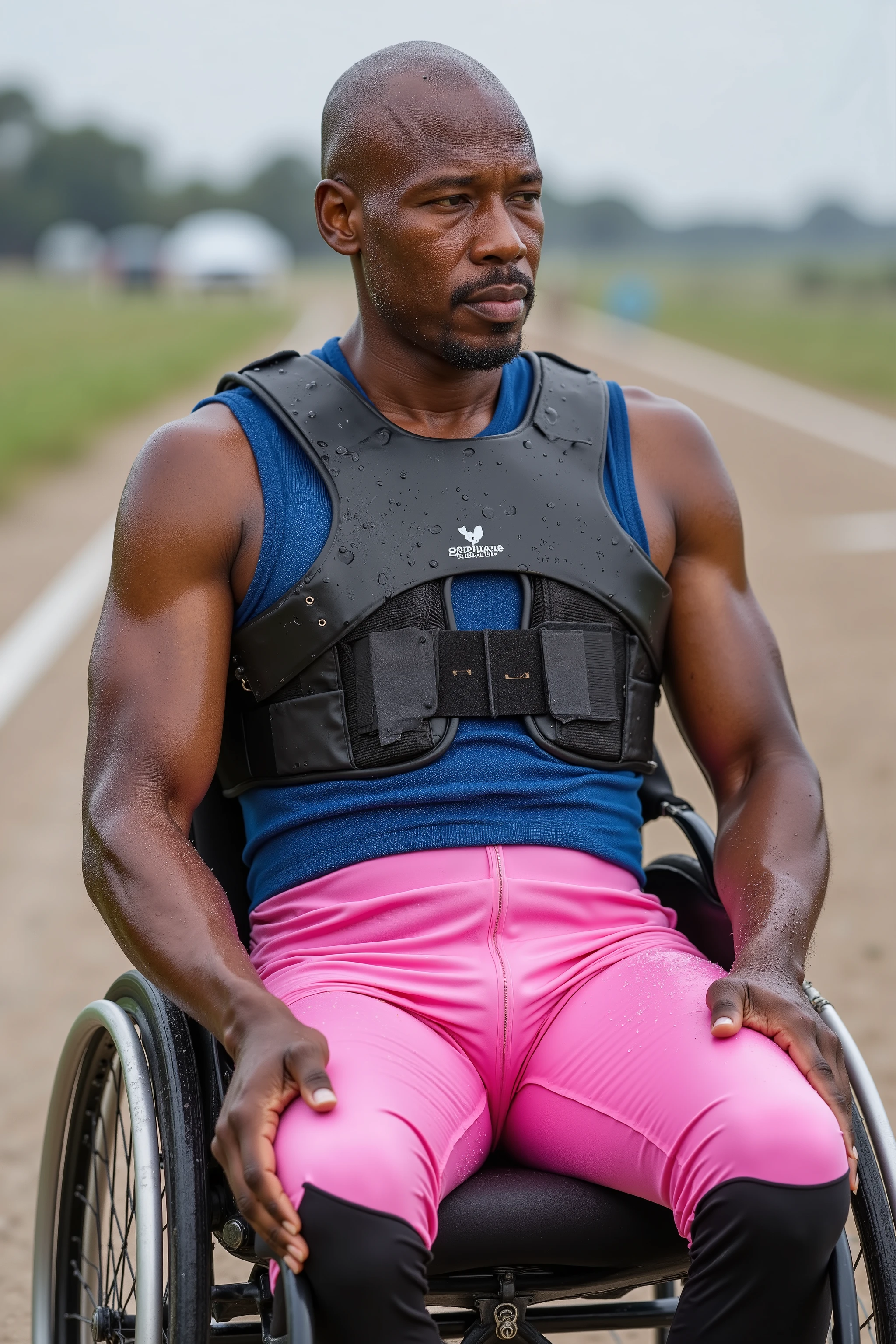 a 64 year old black man wearing a tight fitting thick armored black leather horse riding vest, sitting in a sportWC with thick vinyl straps attaching it to a horse, on a raceway, the man wears a thick blue and pink padded wheelchair harness, the man is sweaty and wears pink latex pants that are covered in water droplets, it is raining lightly, his outfit has small water droplets on it