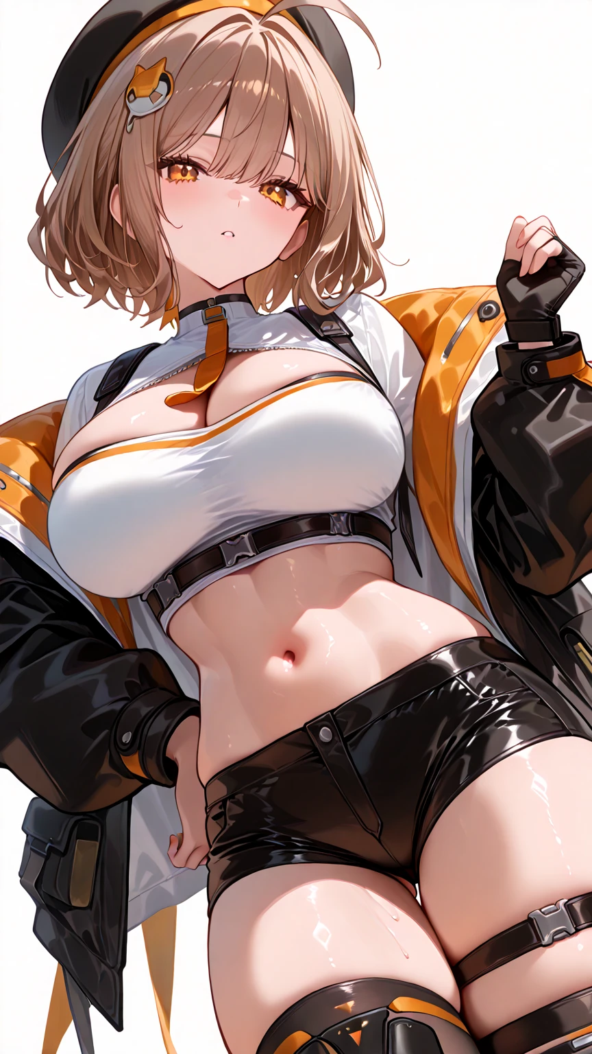 score_9, score_8_up, score_7_up, source_anime, beautyful woman, anis from nikke, black bra, orange jacket, black big chocker, lowered black jeans, black panties
