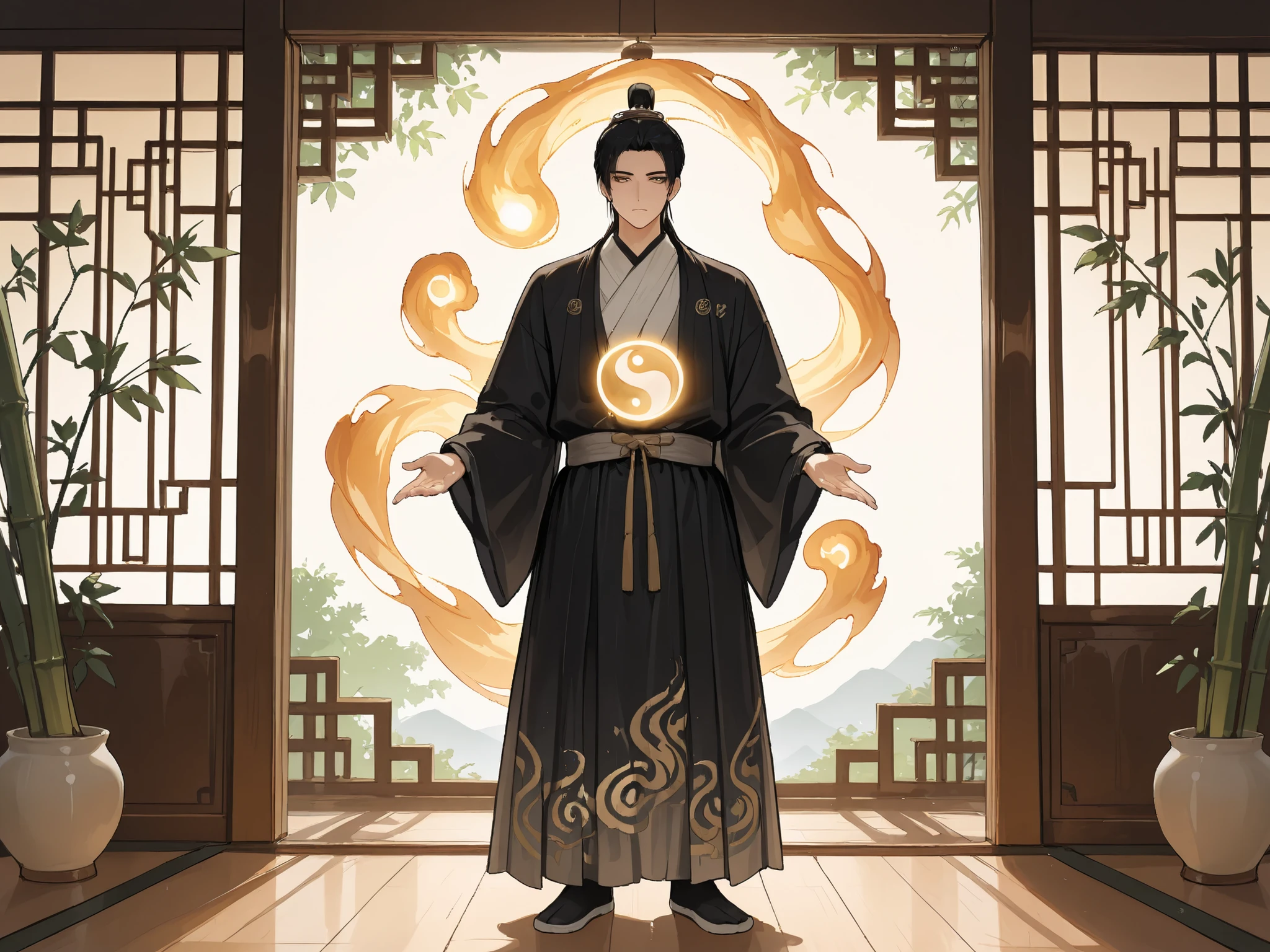(Masterpiece, best quality, 8k, detailed anime artwork), full body portrait, cinematic, serene atmosphere, warm lighting. Wang Zhengnan, legendary founder of Internal Chinese martial arts (Neijiaquan). A wise Chinese master in his 40s, standing in a serene, rooted stance with one hand extended in a soft, pushing motion. His expression is calm, profound, and focused. He wears traditional Ming Dynasty scholar-warrior attire: a dark robe with subtle patterns over a light undergarment. A swirling, ethereal vortex of Yin-Yang energy coalesces around his hands and feet, composed of translucent ink-wash patterns and subtle golden light. In the background, a serene Chinese garden with bamboo and ancient stones. Atmosphere of philosophical power, effortless control, and internal energy.