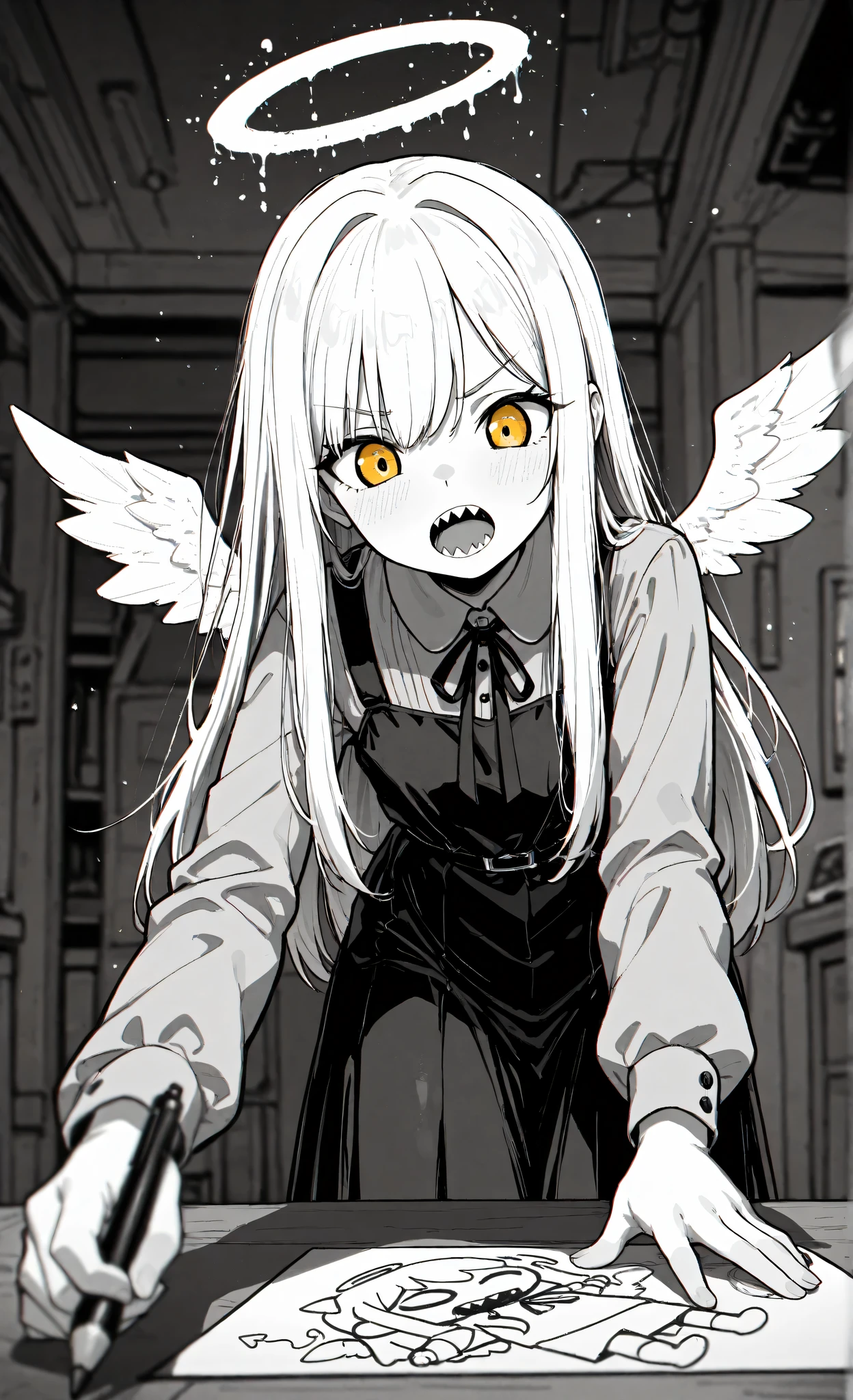 masterpiece, best quality,high quality, newest, highres, 8K, HDR, absurdres, halo, wings, long hair, sharp teeth, teeth, open mouth, dress, monochrome, 1girl, long sleeves, spot color, greyscale, drawing, kid_drawing, weirdcore, liminal_space, soft_glow, film_grain, low_saturation, muted_colors,depth of field, foreshortening, deep lines,depth of field, foreshortening,