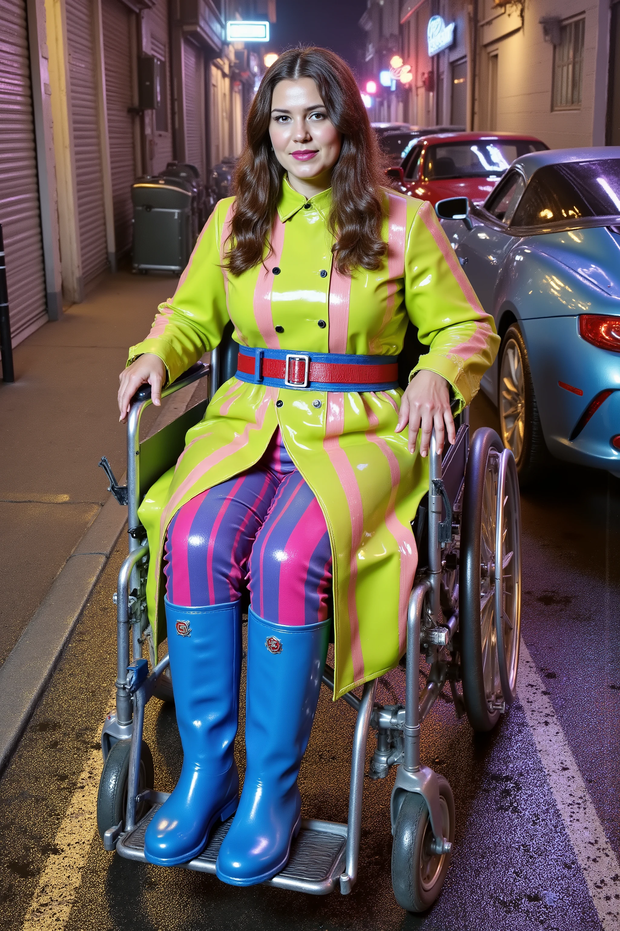 a 34 year old plus-size woman wearing a lime green and pink striped PVCbtntcoat25 with red belt, the woman is seated in a wheelchair, the woman wears a shiny blue wheelchair hip belt made of padded material, the woman wears a bright heavy thick vinyl red wheelchair harness, the woman wears blue rubber boots, the woman wears blue and pink striped pants made of vinyl, the woman is outside of a nightclub in an alley with exotic sports cars parked nearby, bokeh, cyberpunknoirlora