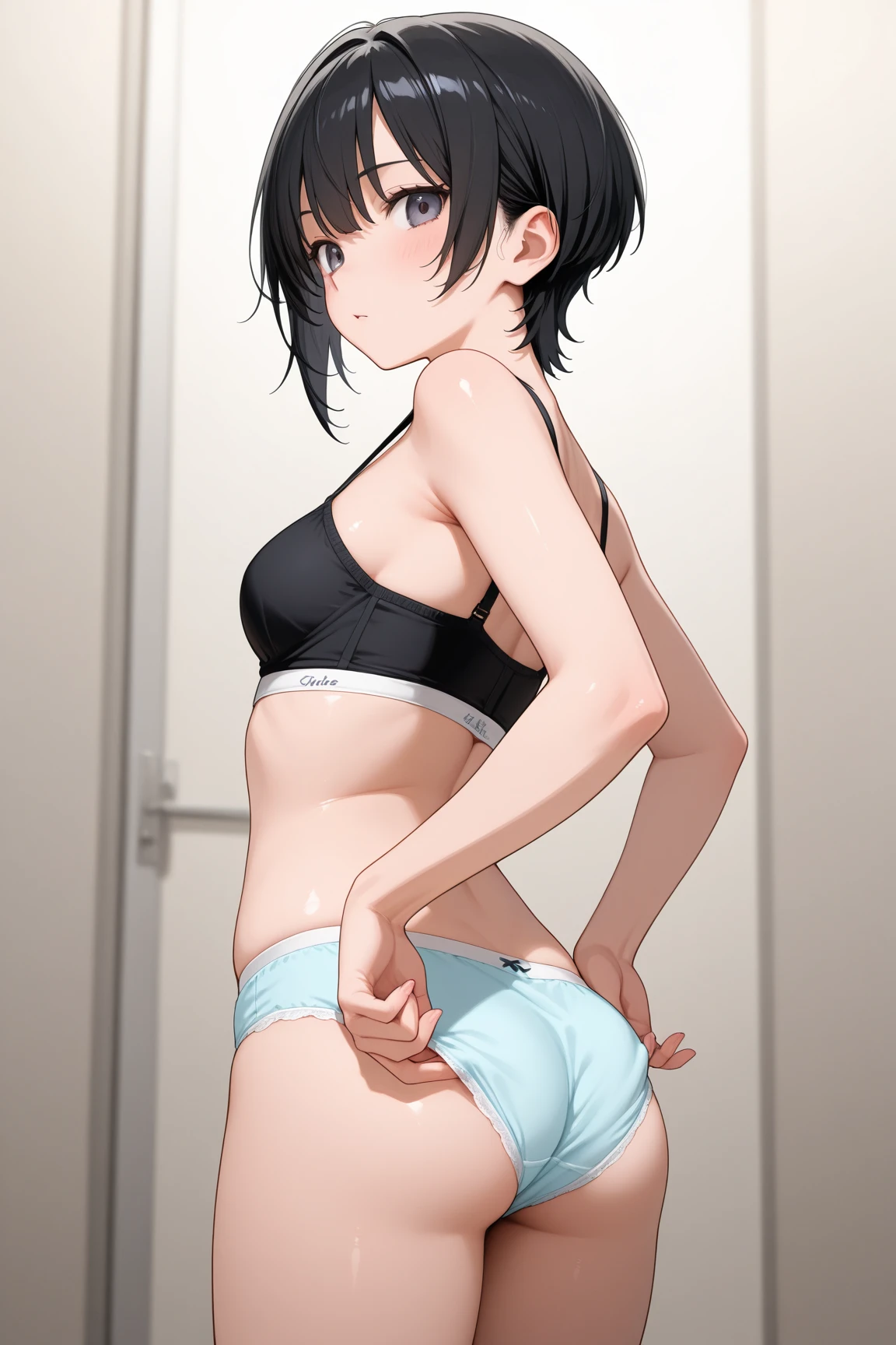 Bobcut、Black-haired 、Sweating at the gym、Desperate form、Sweaty、indoor、Many other guests、Composition from below、Plain white 、in motion、Grit your teeth、M-shaped legs