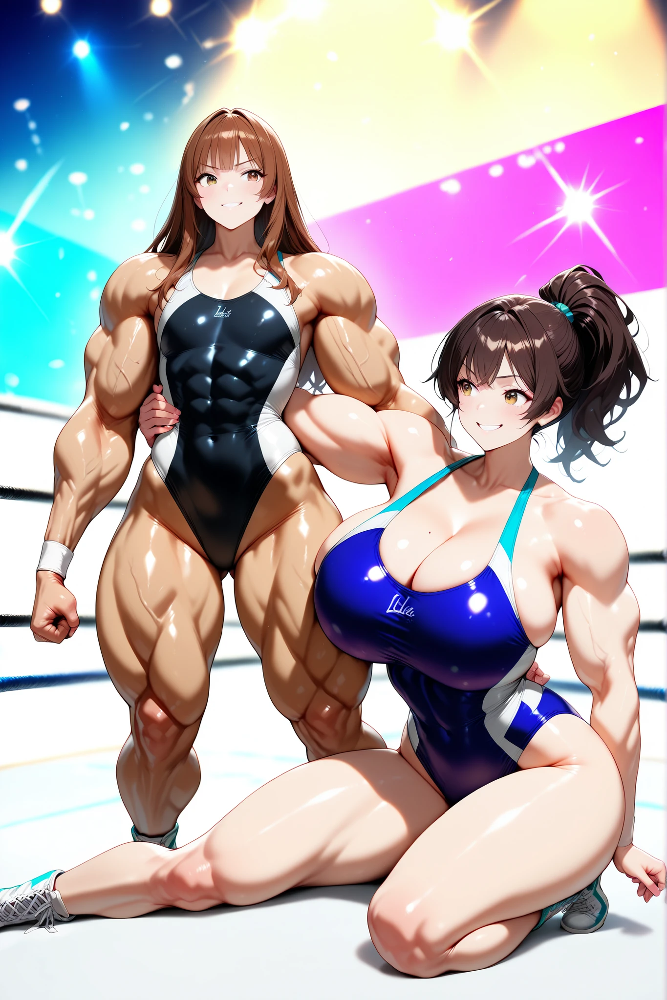 score_9, score_8_up , score_7_up , just describe what you want, tag1, tag2,official art, official style,anime capture, anime coloring, anime screenshot, game cg,illustration, (necömi style:1.5),(masterpiece:1.5),(most detailed:1.5), (high resolution:1.5), (best quality:1.5),(perfect anatomy:1.5), (4K:1.3),(2 girls:1.3), (Lala is flat chest on the left:1.5),(Lily is curvy on the right:1.5), (Lala is the Biscuit Oliva Style:1.5), ,(mizuno competition swimsuit:1.5), both have brown hair:1.5, brown eyes,beautiful girl:1.3,(Lala is flat chest:1.5 and flat chest and flat chest and big body and cylindrical body and muscular and brawny and beefy and toned body and abs and Wide shoulders and wide chest and wide arms and wide torso and wide legs : 1.5),
(Lily is a huge breasts and boob and cleavage and glamorous and voluptuous and ponytail with natural bangs: 1.5) ,( Professional wrestling, spotlights, runway : 1.5 ),smile:1.3,( Random posing, dynamic posing :1.5),( Professional wrestling, grappling, fighting poses :1.5),(hug:1.7),(from below:1.8)