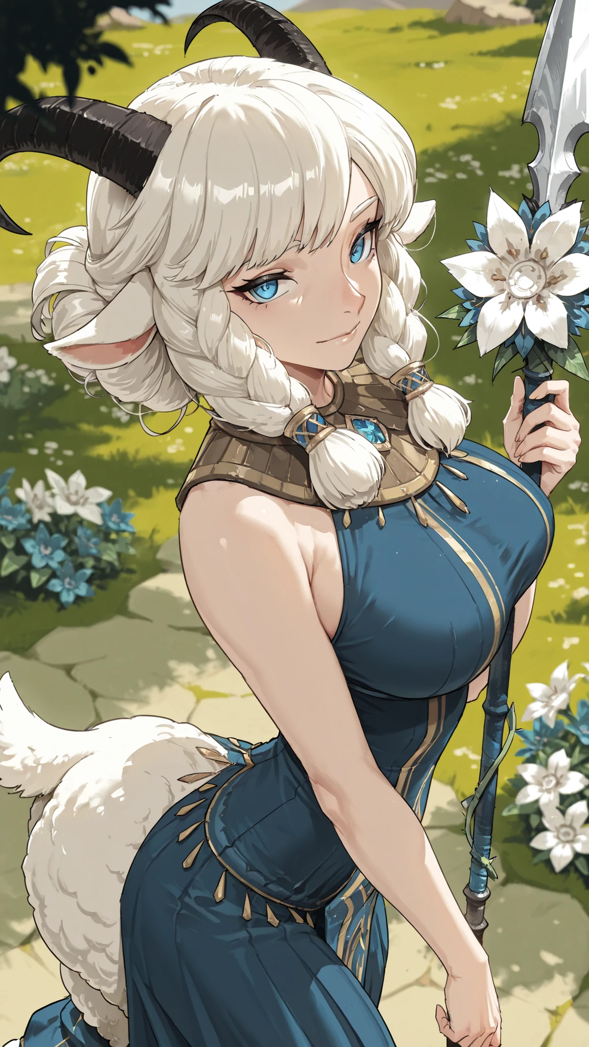 1girl, Nemora with a spear/(_Alina/), big breasts, thin waist, blue eyes, blue dress, Flower, Tail, horn, Sheep's ear, Pointy Nose, Gentle smile, Hold Your Spear, staring at the viewer, Outdoors, depth of field, Cyboy , masterpiece, Highest Quality, high quality, highly deTailed, Good quality, Newest