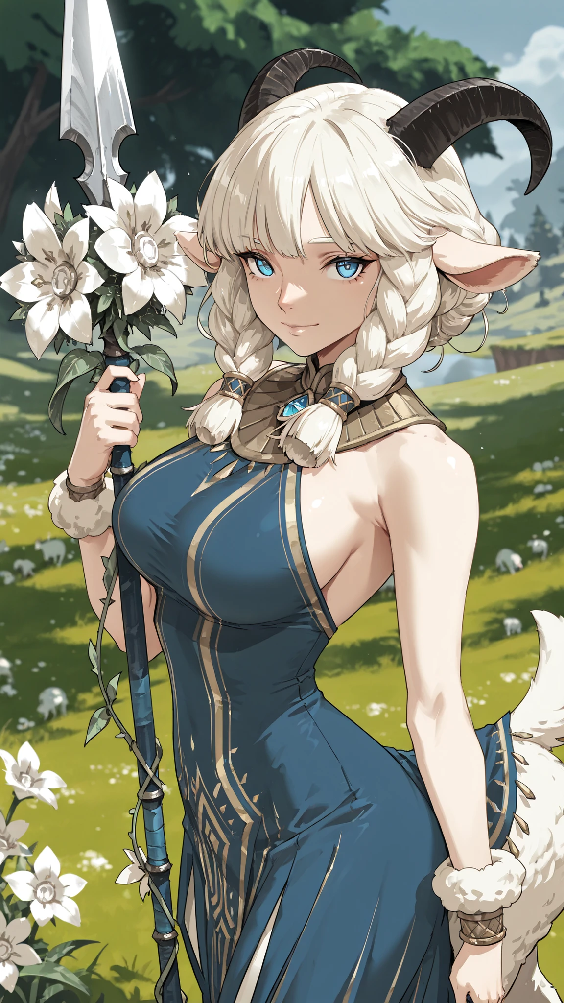 1girl, Nemora with a spear/(_Alina/), big breasts, thin waist, blue eyes, blue dress, Flower, Tail, horn, Sheep's ear, Pointy Nose, Gentle smile, Hold Your Spear, staring at the viewer, Outdoors, depth of field, Cyboy , masterpiece, Highest Quality, high quality, highly deTailed, Good quality, Newest