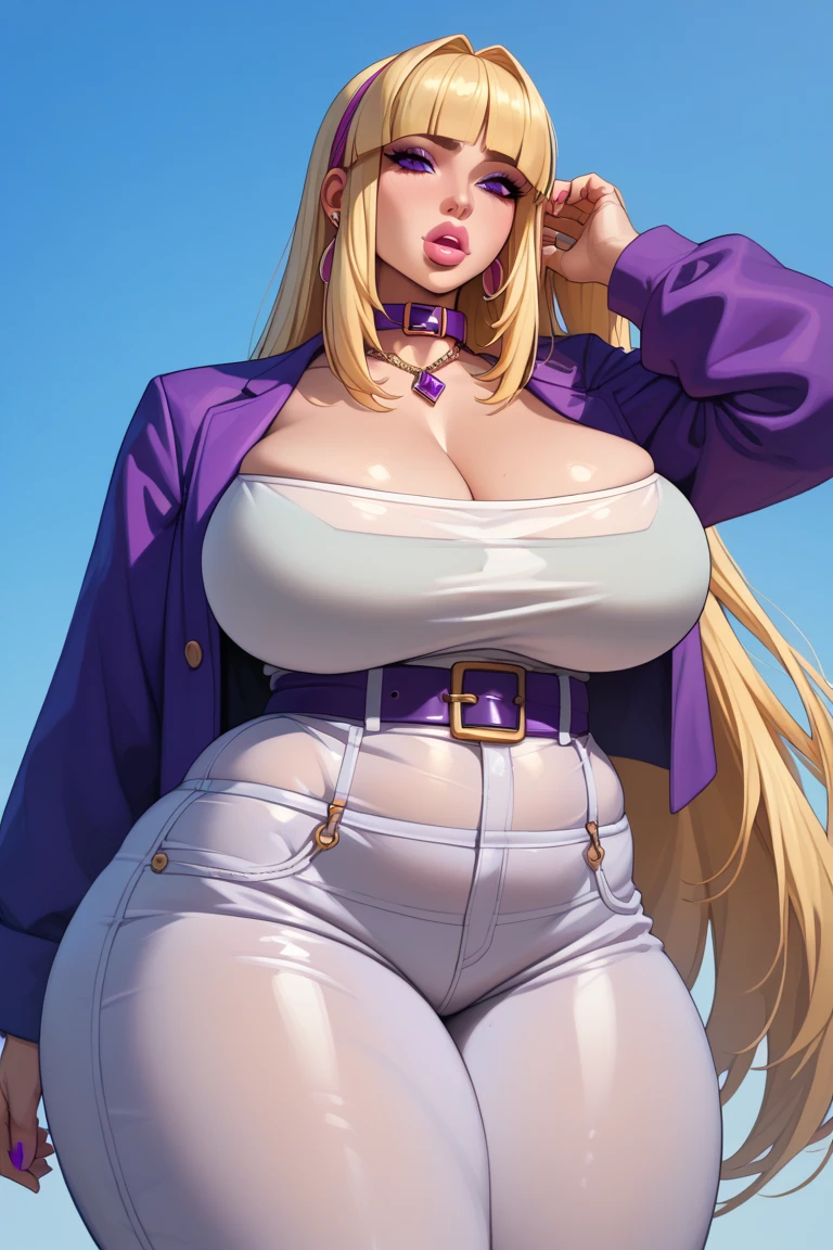 Best quality, Mature woman alone, Pechos gigantically, immensity, very curvy, Long blonde hair tied in a ponytail, lavender eyes, Succulent lips, seductiv, ssmile, 校服,  above the school, Cropped school skirts, Lavender thighs, Lanvender eyeshadow, lipstick, putting makeup on, Thigh thick, Curvy physique, Pechos gigantically, Big tits, Huge tits