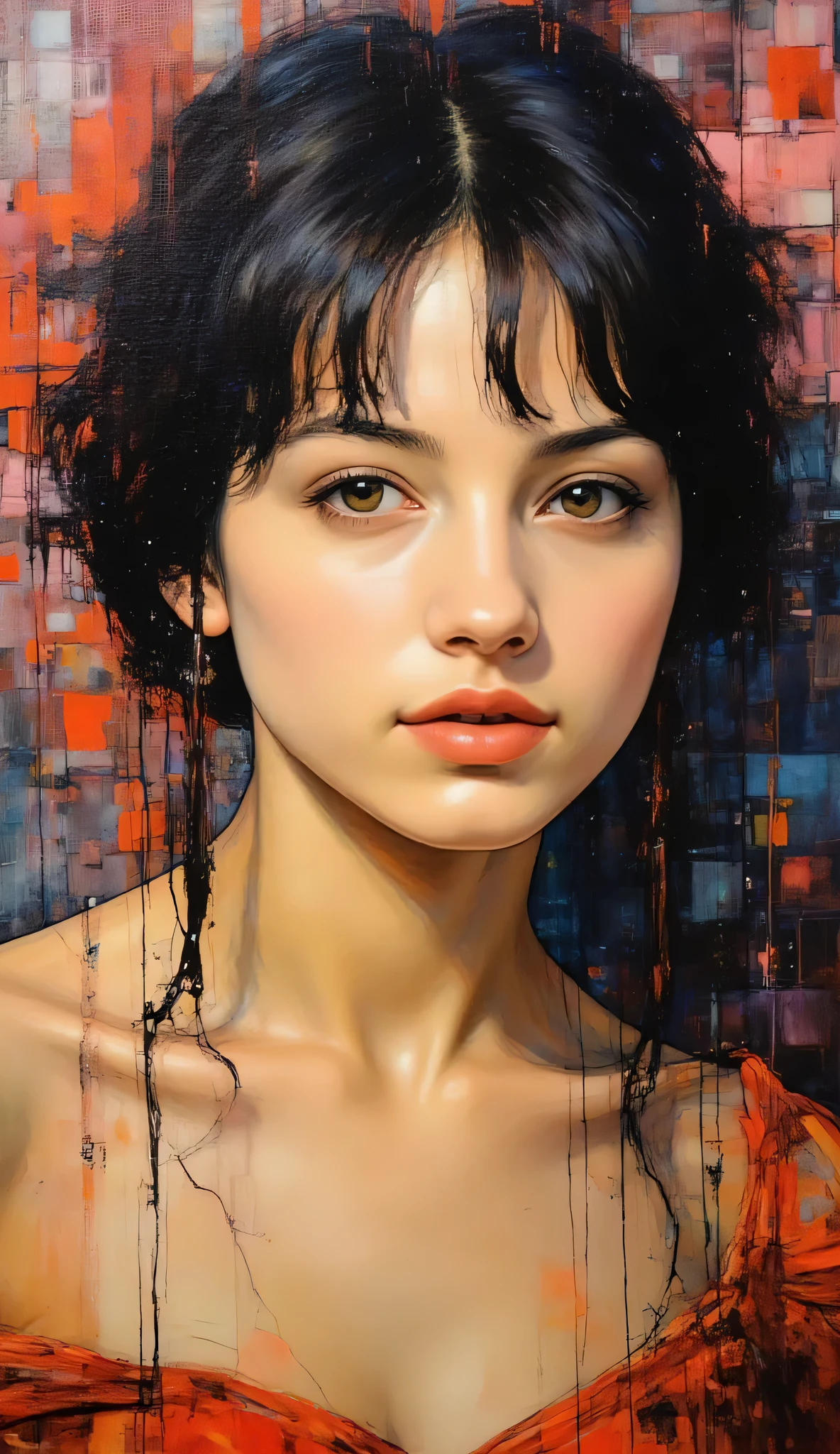 Impasto oil painting ,This is a digital abstract oil painting. It depicts a beautiful young woman, oil painting with thick paint strokes and visible drips, Blur Technique, saturated color, remarkable canvas texture, oil painting that captures the interaction between light and shadow, Impressionist influence, very realistic, and very detailed . Martial Reis, Ray Turner, and César Santos. best work at the exhibition. (style is a fusion of impressionism, abstract painting, Contemporary Art, Graphic Design, and digital art.)、 Kiyohara Kaya