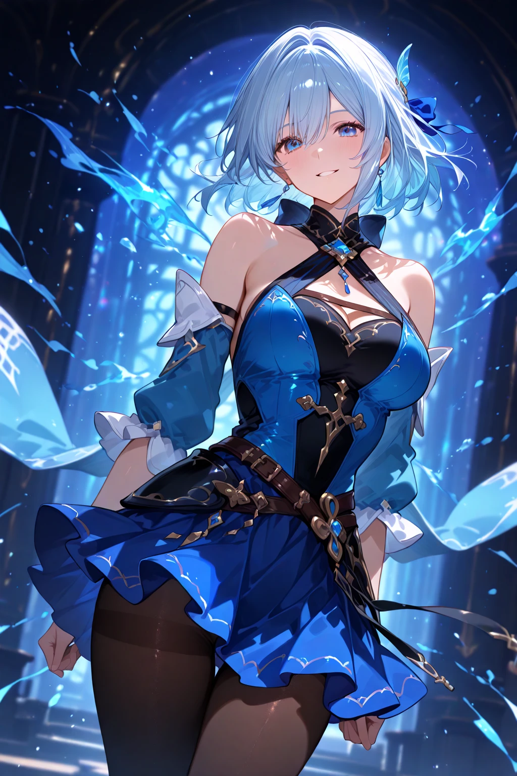 ((euladef)):1.5,((masterpiece,Highest quality,Highly detailed images,Beautiful images))1.4（Huge crystal in the background、Overall dim lighting、Backlight、A fantastic atmosphere、Thick Fog、Dust flutters)1.3,(Close-up image of eula)1.1、（Beautiful cleavage、Exposing cleavage）Mr.々A pose
