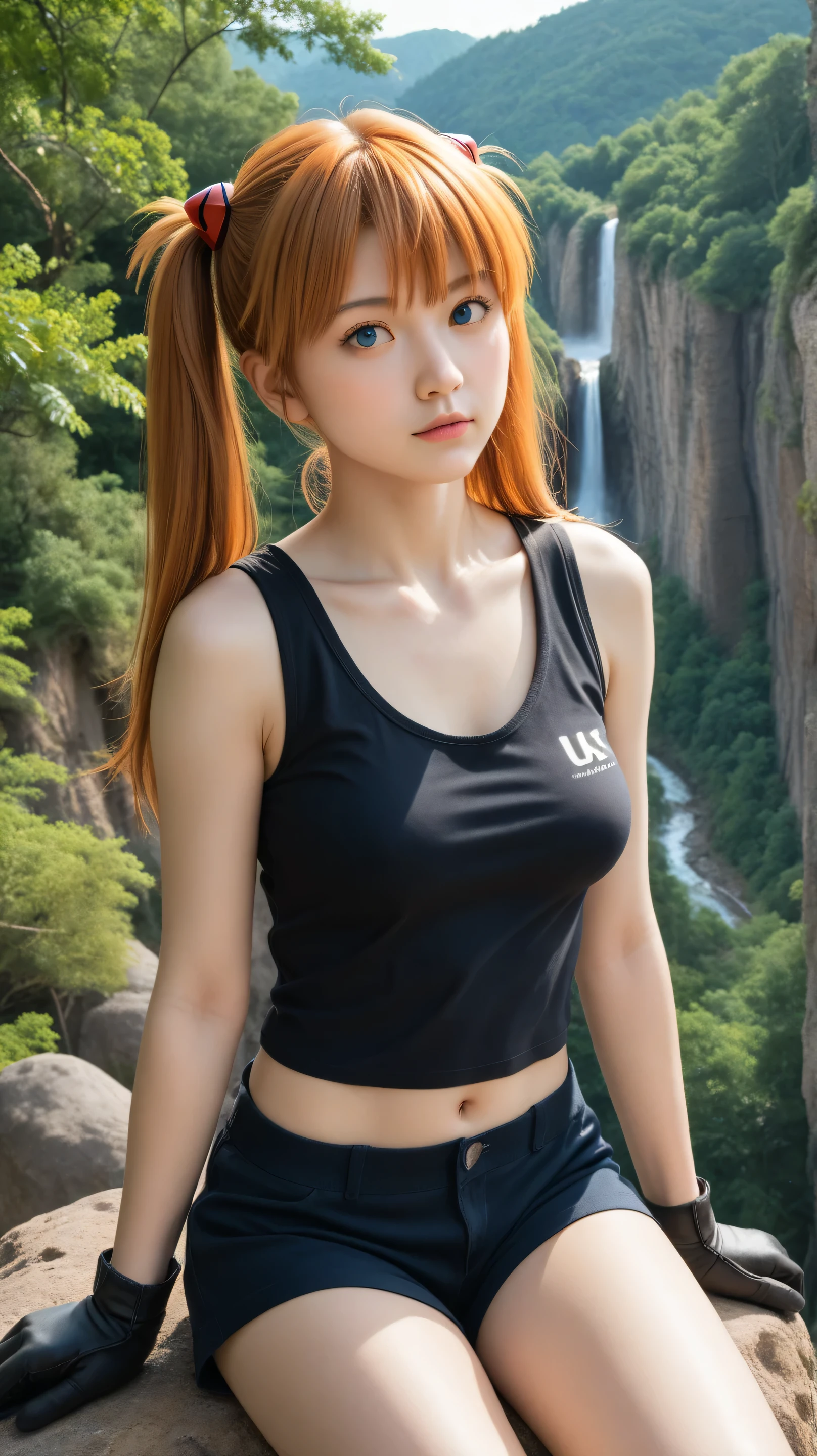 Masterpiece, best quality, 8k, ultra high resolution, photorealistic, cinematic composition.1girl, solo,asuka langley,blue eyes,orange hair,outdoors,potrait,forest,medium breast, navel,(cliff background:1.4),uder waterfall,(Bangs:1.3),(black tanktop:1.5),parted bangs,close up,sitting on Boulder,long hair,twintails,black glove,stand still
