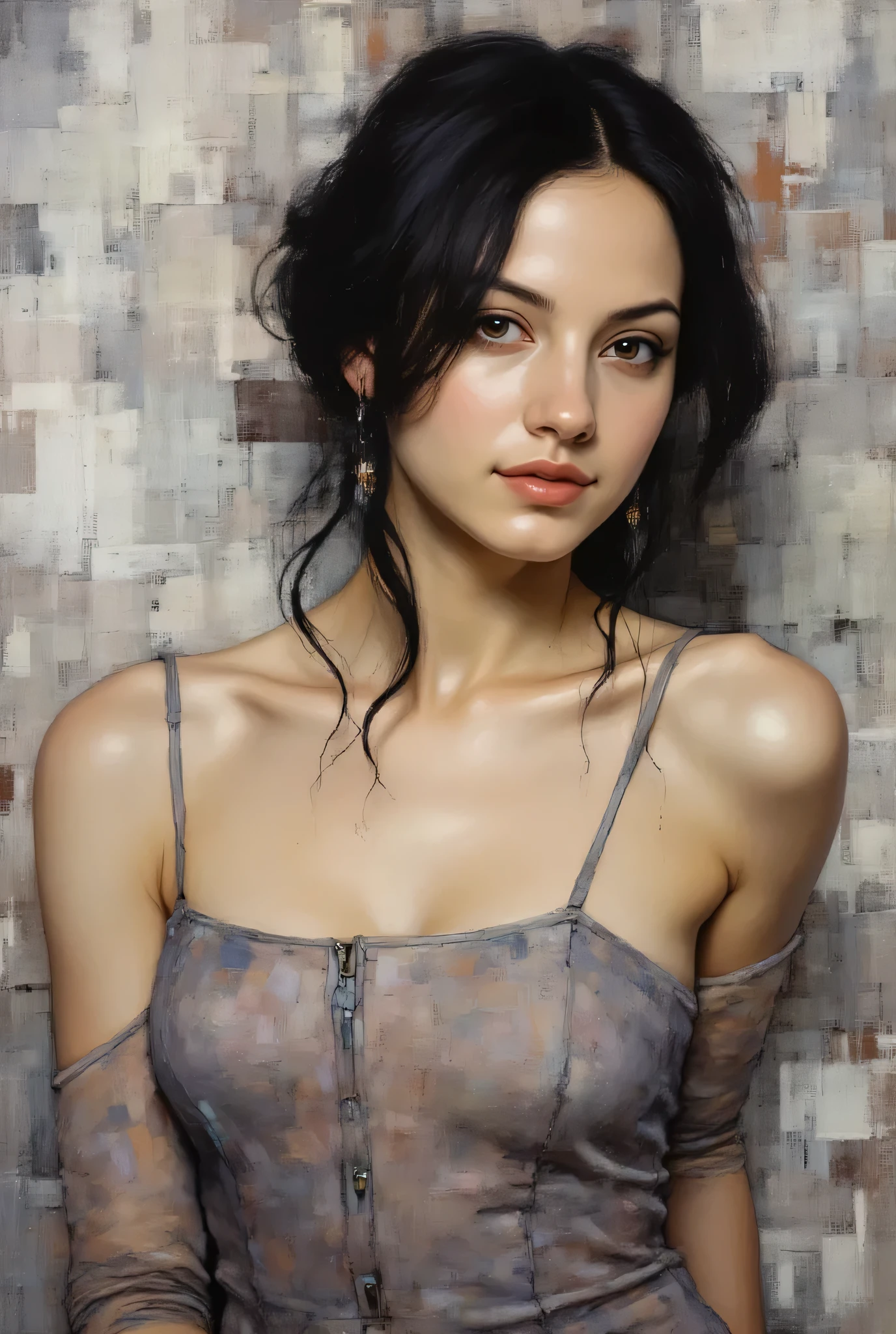 Impasto oil painting ,This is a digital abstract oil painting. It depicts a beautiful young woman,full body esbian、 oil painting with thick paint strokes and visible drips, Blur Technique, saturated color, remarkable canvas texture, oil painting that captures the interaction between light and shadow, Impressionist influence, very realistic, and very detailed . Martial Reis, Ray Turner, and César Santos. best work at the exhibition. (style is a fusion of impressionism, abstract painting, Contemporary Art, Graphic Design, and digital art.)、 Kiyohara Kaya