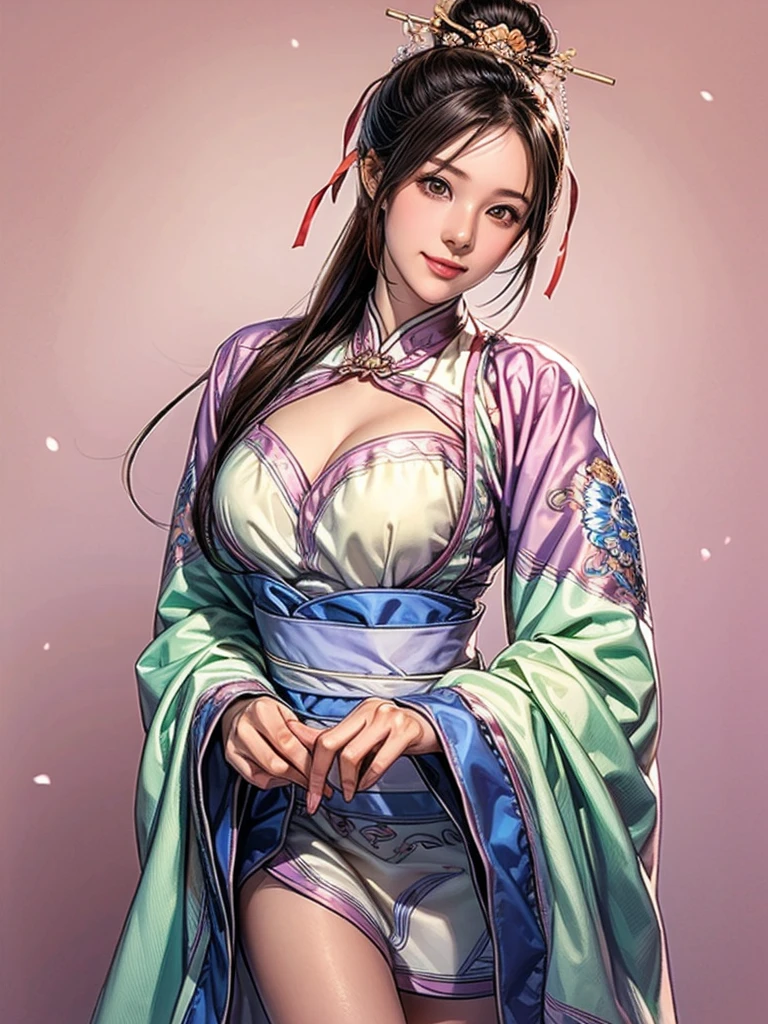 Painting of a woman in a pink and blue dress, Beautiful Fantasy Empress, ancient Chinese Princess, Beautiful character drawings, Chinese Princess, palace, Girl in Han Dress, Princess of an ancient Asian dynasty, Ancient Chinese Beauties, Inspired by Run In, Beautiful and attractive anime woman, Beautiful Fantasy Empress, Beautiful renderings of the Tang Dynasty, Beautiful oriental woman, Empress of China, Highly detailed CG unit 8k wallpaper, masterpiece, High resolution, highest quality, highest quality real texture skin, Super Real, Digital Painting, Best image quality, 最High resolution, 8k, ((Highly detailed eyes and face, Beautiful eyes every detail)), (wariza, seiza, from front, girl sitting, sit on the floor), huge breasts, gigantic breasts, disproportionate breasts, huge breasts, gigantic breasts, open your mouth,  , 