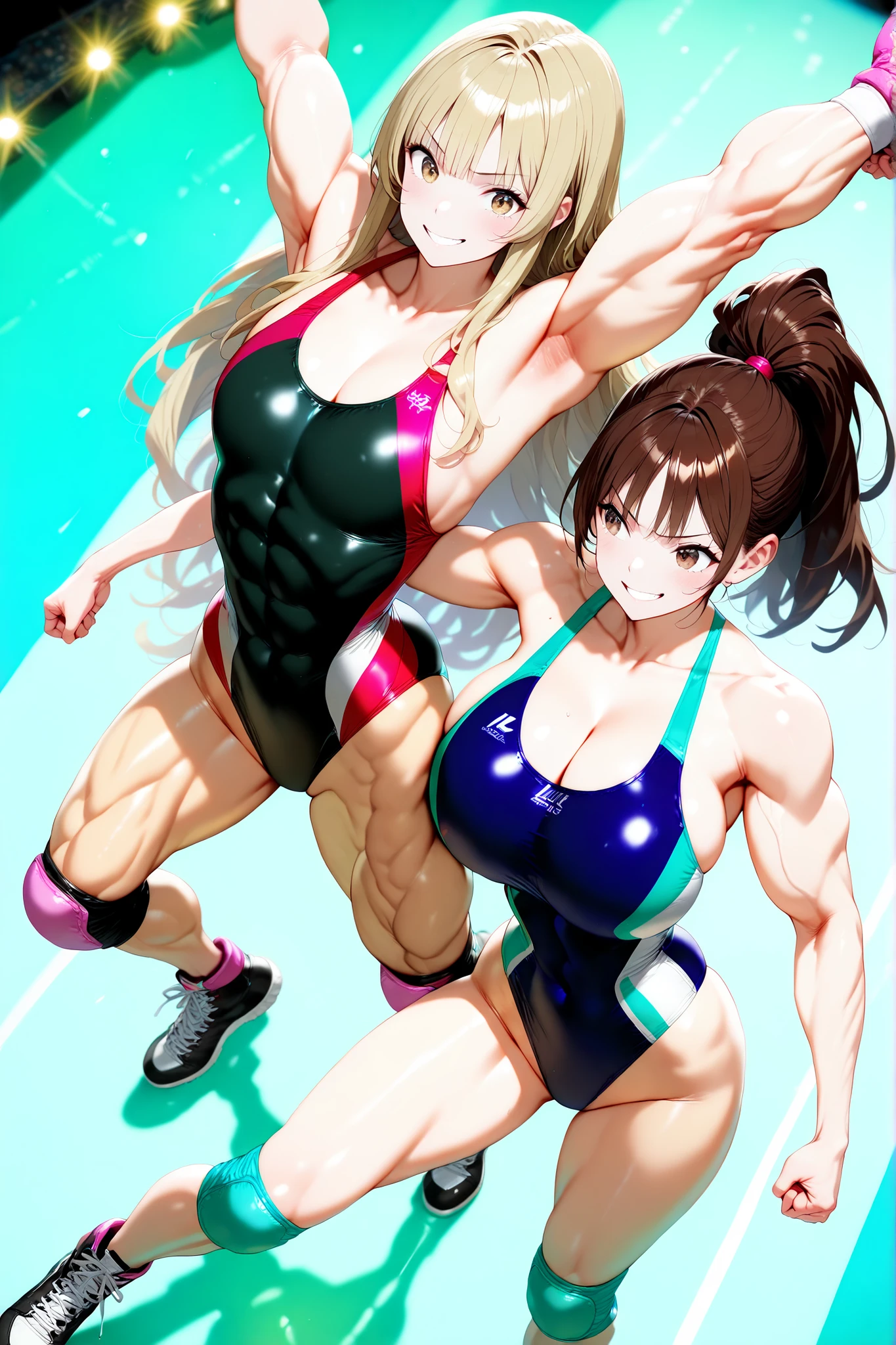 score_9, score_8_up , score_7_up , just describe what you want, tag1, tag2,official art, official style,anime capture, anime coloring, anime screenshot, game cg,illustration, (necömi style:1.5),(masterpiece:1.5),(most detailed:1.5), (high resolution:1.5), (best quality:1.5),(perfect anatomy:1.5), (4K:1.3),(2 girls:1.3), (Lala is flat chest on the left:1.5),(Lily is curvy on the right:1.5), (Lala is the Biscuit Oliva Style:1.5), ,(mizuno competition swimsuit:1.5), both have brown hair:1.5, brown eyes,beautiful girl:1.3,(Lala is flat chest:1.5 and flat chest and flat chest and big body and cylindrical body and muscular and brawny and beefy and toned body and abs and Wide shoulders and wide chest and wide arms and wide torso and wide legs : 1.5),
(Lily is a huge breasts and boob and cleavage and glamorous and voluptuous and ponytail with natural bangs: 1.5) ,( Professional wrestling, spotlights, runway : 1.5 ),smile:1.3,( grappling ,fighting poses :1.5),(from above:1.8)