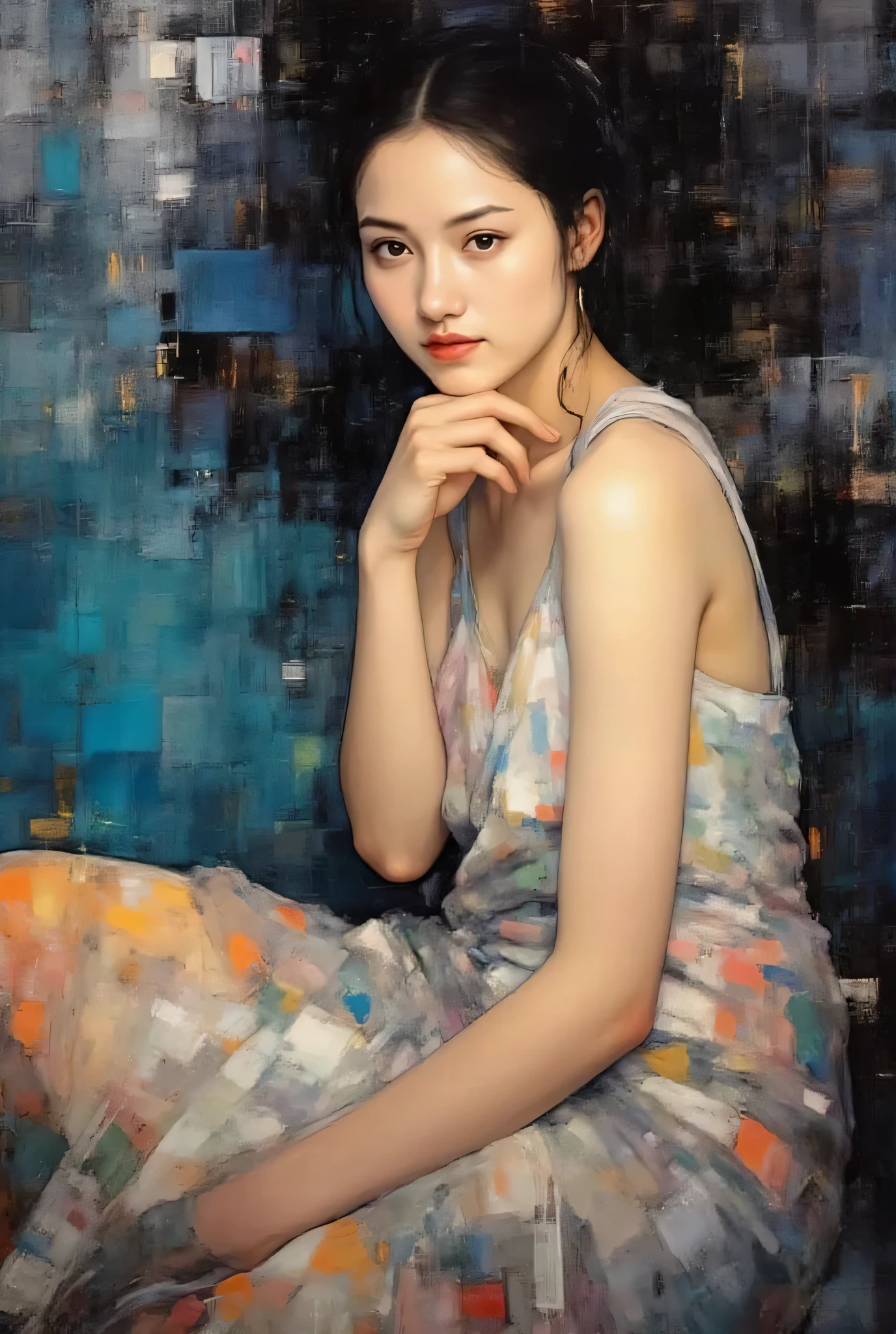 Impasto oil painting ,This is a digital abstract oil painting. It depicts a beautiful young woman,((full body esbian))、 oil painting with thick paint strokes and visible drips, Blur Technique, saturated color, remarkable canvas texture, oil painting that captures the interaction between light and shadow, Impressionist influence, very realistic, and very detailed . Martial Reis, Ray Turner, and César Santos. best work at the exhibition. (style is a fusion of impressionism, abstract painting, Contemporary Art, Graphic Design, and digital art.)、 Kiyohara Kaya