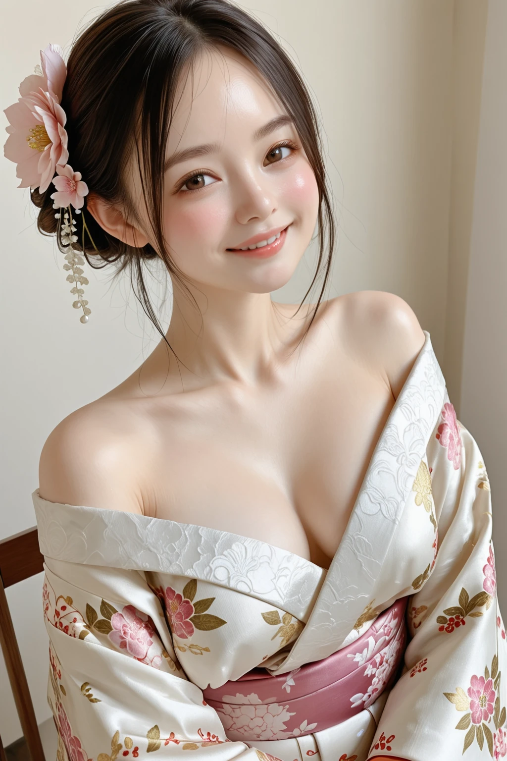 (1young girl), Extremely cute face, Amazing face and eyes, (Highly detailed eyes, Highly detailed face), fresh, Very clean appearance, (Hyper-realistic, hight resolution), (Best Quality:1.4), Raw photo, (Realistic, Photorealsitic:1.37), Professional Photography, (floral pattern kimono:1.5), (Open kimono), (cleavage:1.2), ( shoulders), Smile slightly, (Staring at me), Bedroom, girl portrait,