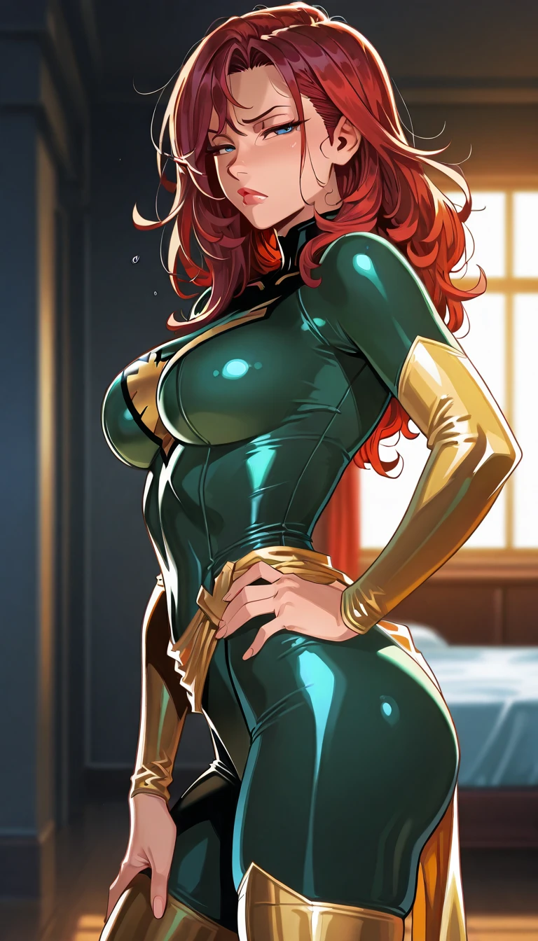 In this best quality, 8K (1.2) image, we are presented with a stunningly realistic portrayal of a vintage space female. Her very long curly red hair cascades down her back, drawing attention to her extremely detailed face, complete with long eyelashes that flutter delicately. She is dressed in an all sheer beige collant de nylon, which clings tightly to her flawless physique, accentuating every curve and contour. Complementing her outfit, she wears all beige pantyhose and latex gloves, adding a touch of sleekness to her ensemble. The glossy plastic accessories she adorns shimmer under the studio lighting, further enhancing the realism of the scene. With physically-based rendering techniques and a sharp focus, every intricate detail