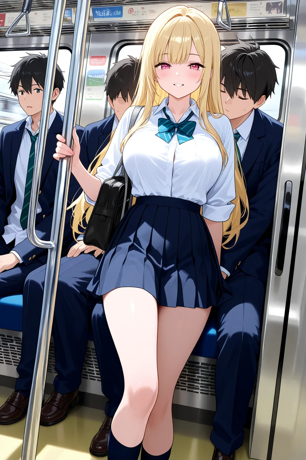 Get to grips, , 
High school girl grabbed by the buttocks on the train, 
, pleated skirt, 
Beautiful One Girl,
3 men, 
(), 
Man grabbing girl's ass on train,
Man grabbing girl's chest on train,,score_9,score_8_up,score_7_up, best quality, masterpiece