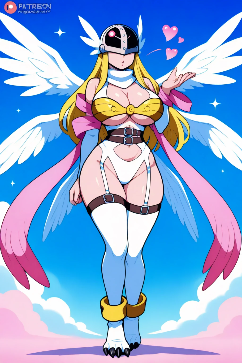 blonde hair, ????, ?????, ??????, long hair, angel wings,?????????????, ???? shoulders, elbow gloves, feathered wings, gloves, head wings, navel, pink ribbon, ribbon, single elbow glove, single glove, thigh strap, wings