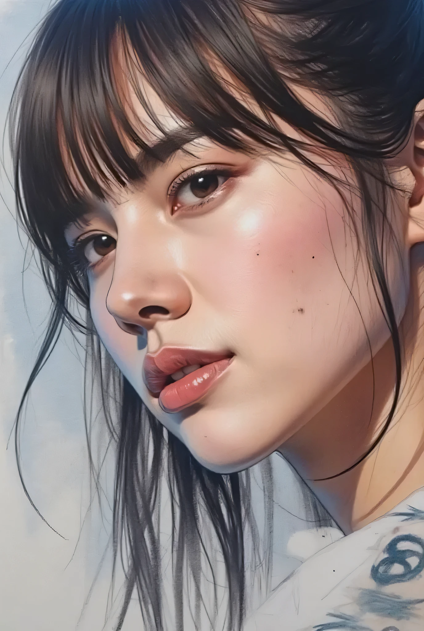 Highest Quality、Japanese edits Vivien Tam photos [Woman] 、WITH VERY EYES of black color with brown hair ,  blue tattoos 、[Red and Blue] , Expressive Texture, photorealistic techniques,  vibrant colorful palette , 32k uhd, fluid and dynamic brushstrokes, realistic ultra-high definition portraits,  Hard Paintings, , Incredibly Beautiful 、urban sketching & travel sketching、Kiyonagaya、charcoal drawing