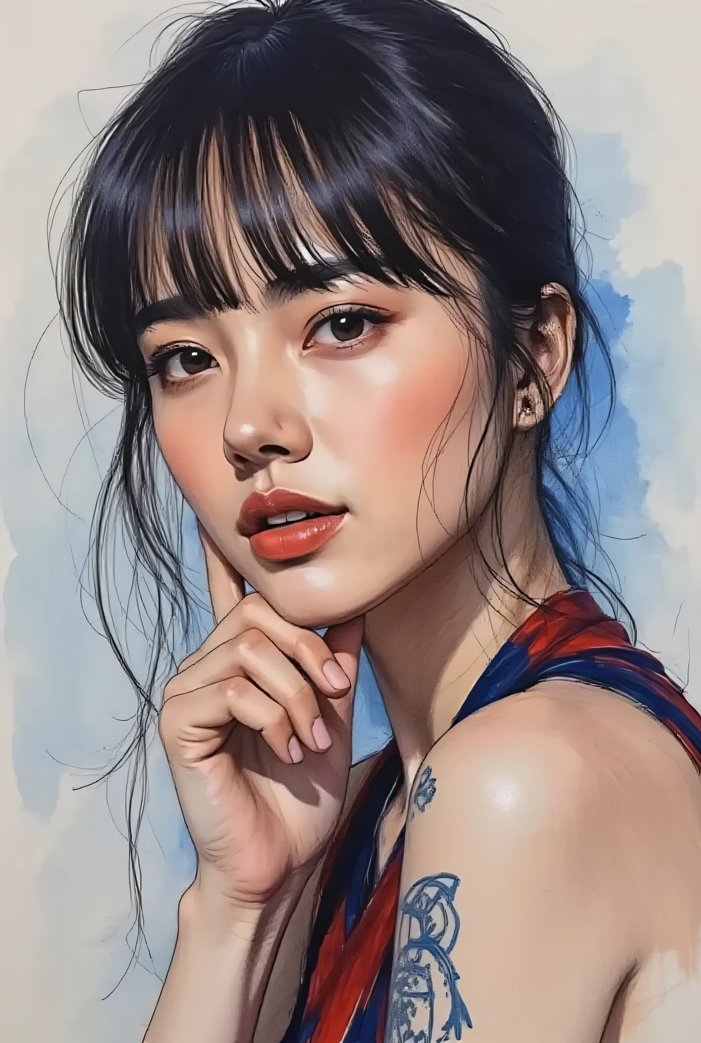 Highest Quality、Japanese edits Vivien Tam photos [Woman] 、WITH VERY EYES of black color with brown hair ,  blue tattoos 、[Red and Blue] , Expressive Texture, photorealistic techniques,  vibrant colorful palette , 32k uhd, fluid and dynamic brushstrokes, realistic ultra-high definition portraits,  Hard Paintings, , Incredibly Beautiful 、urban sketching & travel sketching、Kiyonagaya、charcoal drawing