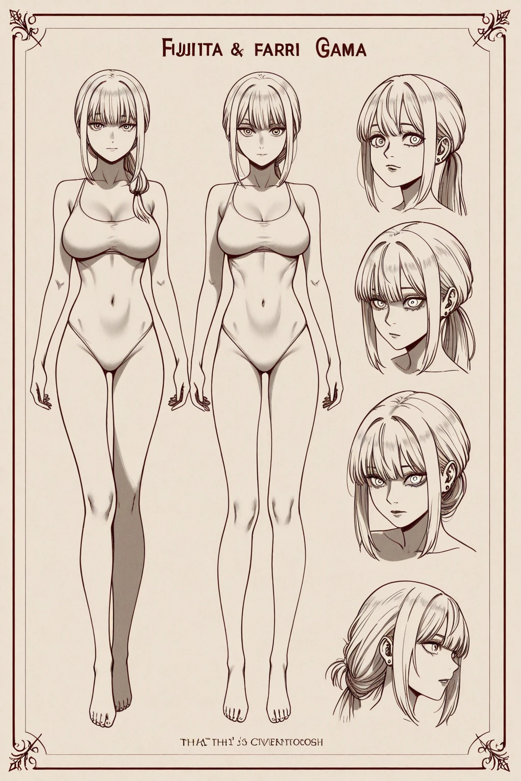 female curve ???? body, modelsheet, model sheet, flat colors, no shading, lineart, multiple angles