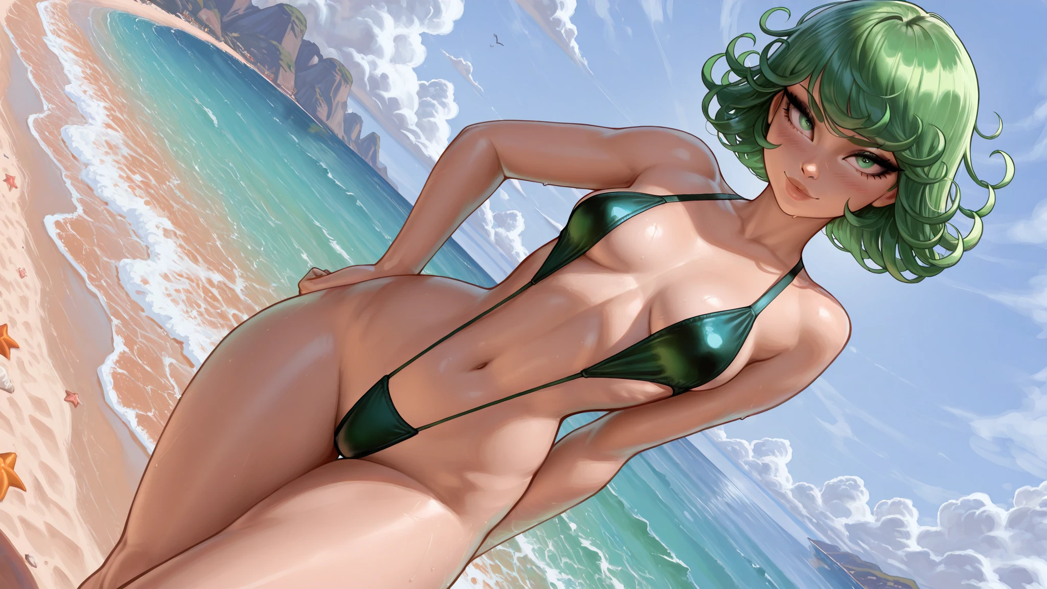 ????, (girl),（（optimal quality））， （（Masterpiece））， （A detailed： 1.4），face red，perspire，showing niples, fully ?????，The ultimate masterpiece,(fidelity:1.2),(????),open air bath, (??????????), Open ??????, ?????????, (Smooth: 1.1), (Cutes: 0.9), (shiny: 1.1). Green short hair,, red lips, green eyes, lust face, tatsumaki from one punch man, ?????, cute pose, dark green super small tight ?????? ?????, g string, beautiful big natural ????