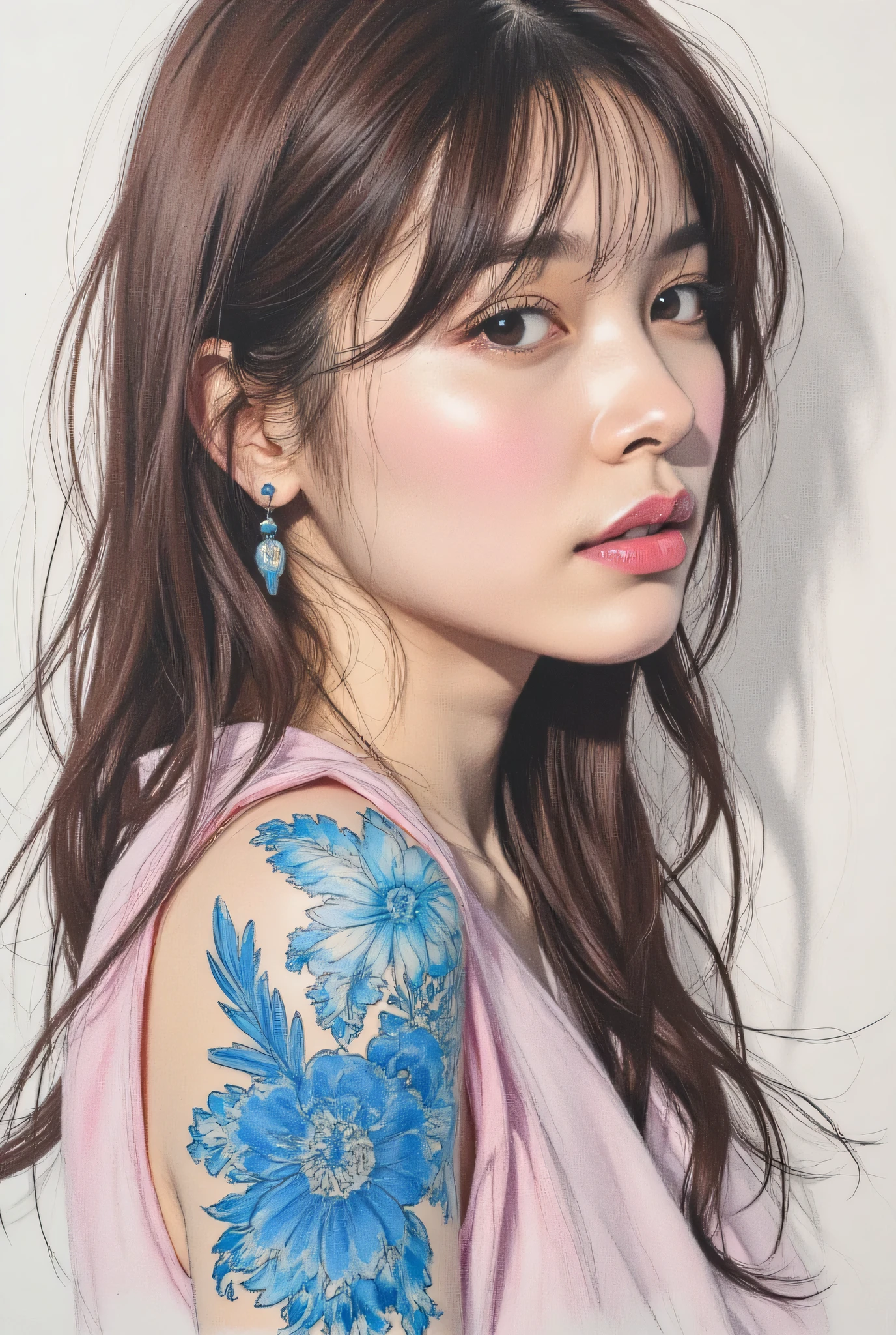 Highest Quality、Japanese edits Vivien Tam photos [Woman] 、WITH VERY EYES of black color with brown hair ,  blue tattoos 、[Red and Blue] , Expressive Texture, photorealistic techniques,  vibrant colorful palette , 32k uhd, fluid and dynamic brushstrokes, realistic ultra-high definition portraits,  Hard Paintings, , Incredibly Beautiful 、urban sketching & travel sketching、Rinka Kumata、charcoal drawing