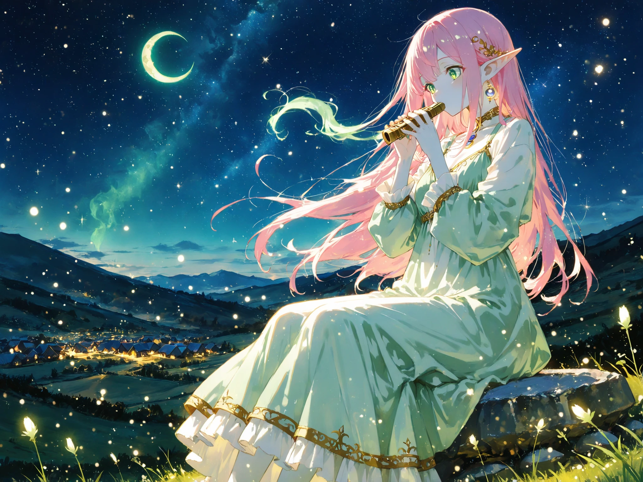 748cmstyle,Cute,rich anime,1 elf girl named Lumiere sitting on a stone on a moonlit hill on the right side of the image, playing a harmonica, long straight pink hair with tips fading to light green, deep green large eyes, smooth pale skin, slightly pointed ears, wearing a flowing ethereal dress that shimmers subtly, soft golden highlights on her hair and dress from moonlight, gentle wind slightly moving her hair, ethereal and calm atmosphere, background: starry night sky with pale blue crescent moon, hill slopes down to distant village with warm lights, cinematic lighting, floating light particles, soft shadows, high-quality anime-style, detailed textures, dynamic composition emphasizing light and atmosphere, masterpiece

