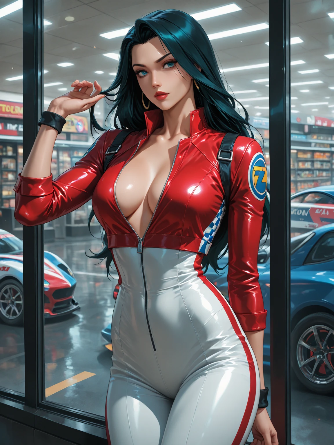 A full-body, ultra-detailed semi-realistic digital painting of a mature Croatian woman in her early 40s, with a tall, slender yet toned figure that reflects natural Mediterranean elegance and athleticism. Her proportions follow a 10-heads-tall fashion model silhouette, with a modestly full bust, narrow waist, elongated limbs, and long, shapely legs. She stands with graceful posture and a relaxed stance, projecting confidence and poise.

Her skin is lightly sun-kissed with a warm beige tone and a soft glow. Her  features are a refined blend of Adriatic sharpness and softness—defined cheekbones, a slightly arched nose, and almond-shaped hazel-green eyes that give a calm, knowing expression. Her lips are natural and full, slightly curved in a gentle smirk. Her makeup is subtle yet precise, featuring a neutral rose matte lip, light golden eyeshadow, and soft eyeliner that adds depth without overpowering.

She wears a modern race queen outfit with Croatian influences: a cropped zip-up top in red and white checkerboard pattern, referencing the national motif, paired with a sleek, ultra-short white  trimmed in red. The outfit includes small sponsor markings and silver piping for a clean motorsport edge. Glossy red thigh-high boots and matching fingerless gloves complete the ensemble, blending bold color and modern flair.

Her chestnut brown hair is straight, silky, and long, parted at the center and flowing down naturally to her waist. It frames her back and shoulders with polished simplicity, with no bangs or accessories, enhancing her composed and elegant impression.

She stands trackside near a bright, sunny race venue, with elements of white stone walls and soft Croatian coastal light. The background is subtly blurred to highlight her refined beauty and sporty charisma.

Masterpiece, best quality, semi-realistic, 8K resolution, cinematic lighting, hyperrealistic portrait, finely detailed.