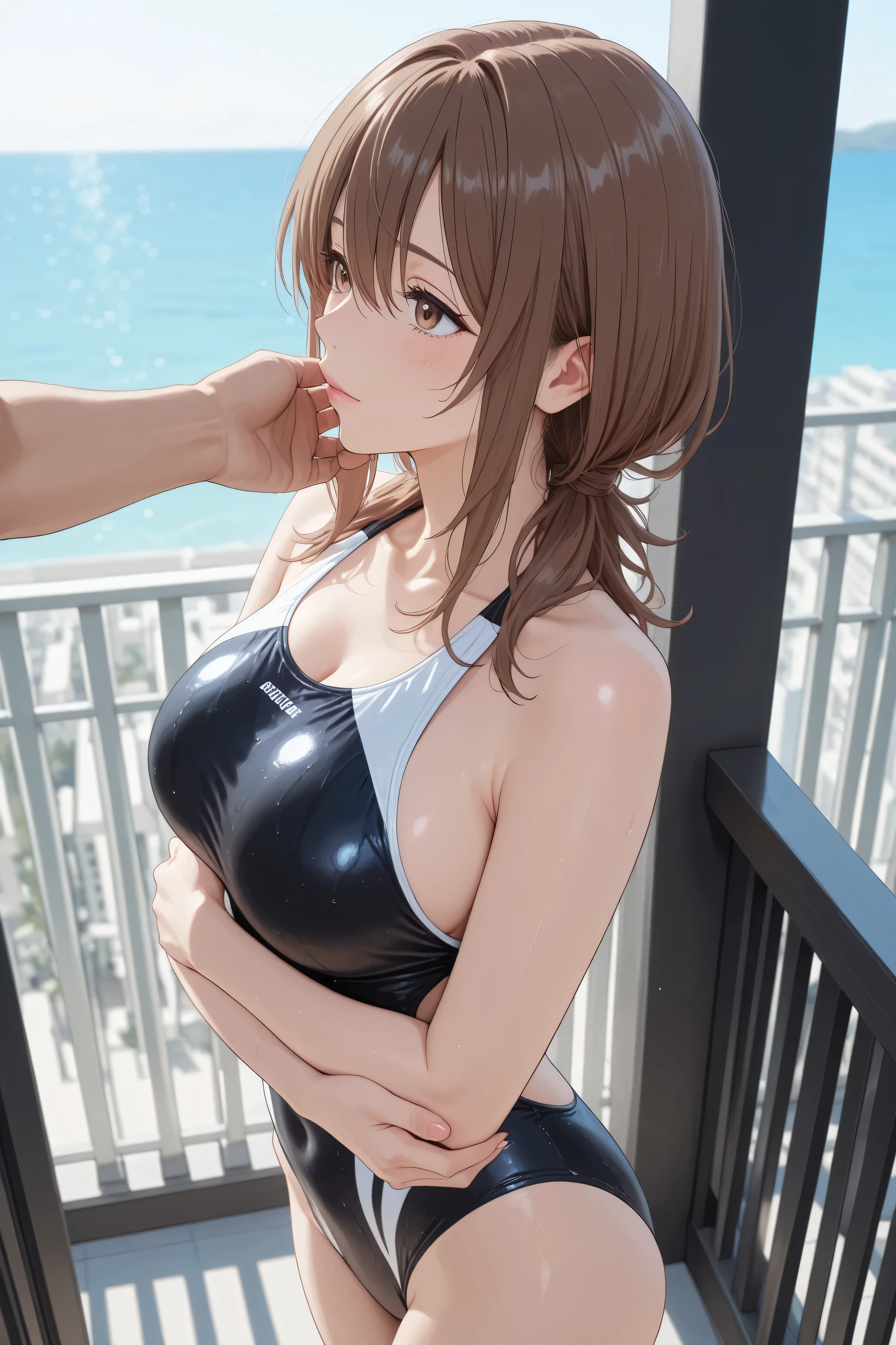 While basking in the morning sun on the balcony of a、Japanese woman with medium brown hair、while basking in the morning sun on the Balcony of a luxury resort hotel、Balcony、Kiss me deeply、women and men、高級リゾートホテルのBalconyで朝の太陽を浴びながら、A Japanese woman with medium brown hair wearing a swimsuit、wearing a black and white swimsuit hugging a man in a swimsuit violently