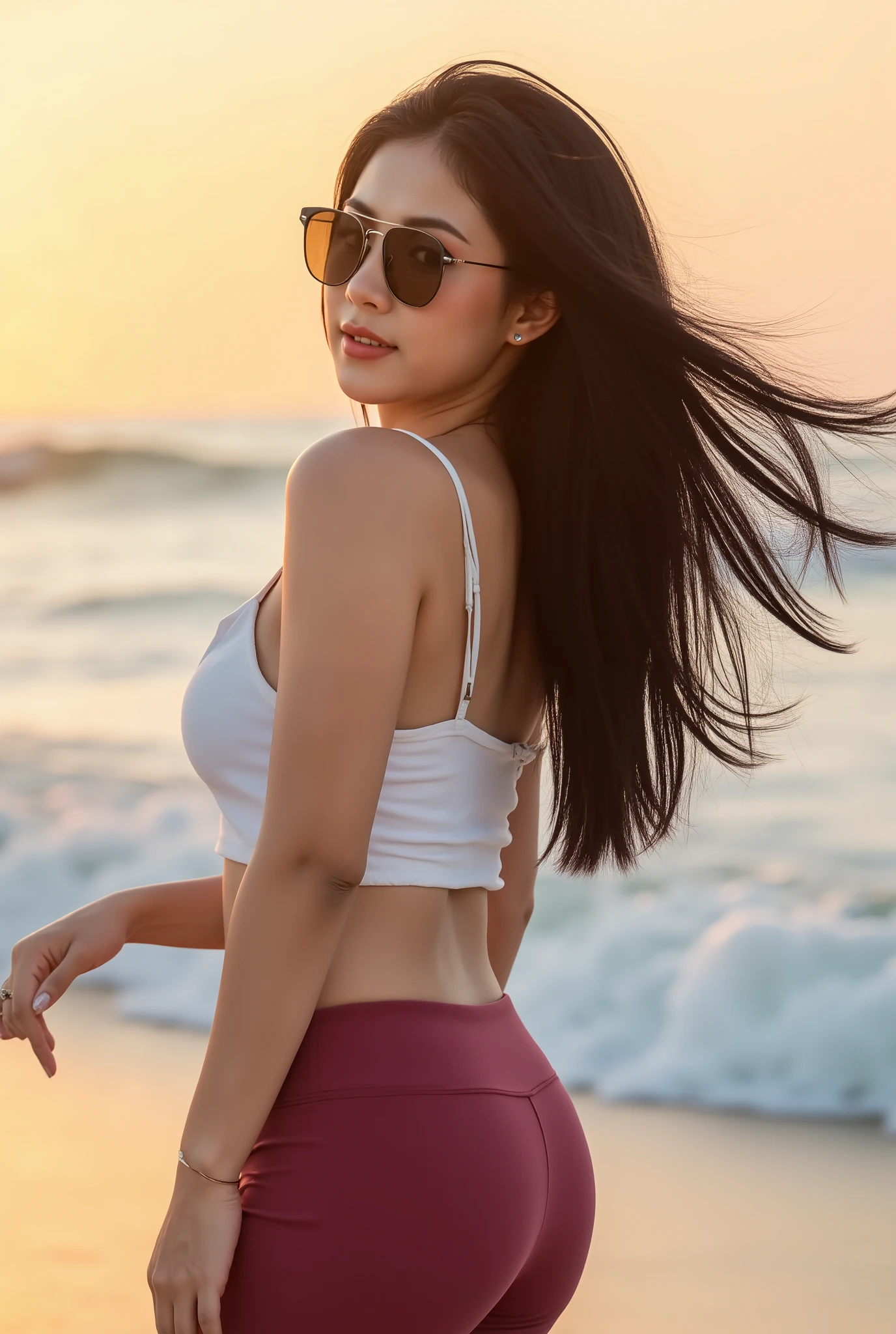 8K high-quality photograph of a stunning Indonesian model with long flowing black hair dancing in the wind. She has glossy parted lips and wears classic Ray-Ban Aviator sunglasses. Dressed in a white spaghetti strap tank top and dark pink low-waist leggings that accentuate her curvy figure. Shot from a low angle, side view as she looks seductively over her shoulder. Beach setting with turquoise sea waves behind her, golden sunset rays filtering through, creating a cinematic atmosphere with warm orange lighting. Professional fashion photography, sharp details, perfect exposure, subtle lens flare.